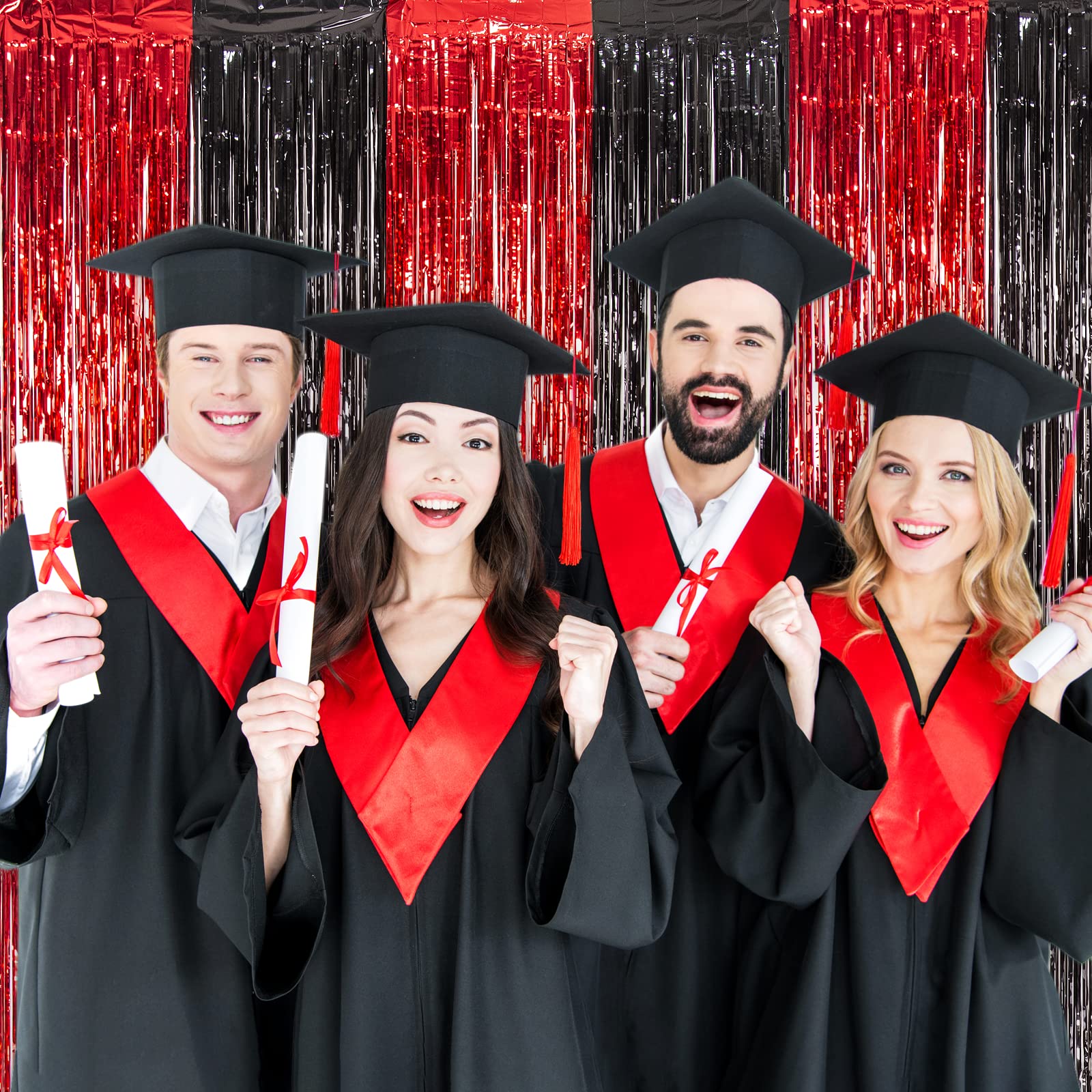 Lolstar 2Pack Red And Black 2024 Graduation Party Decorations, 3.3X6.6 Ft Foil Fringe Curtains Tinsel Metalitic Graduation Photo