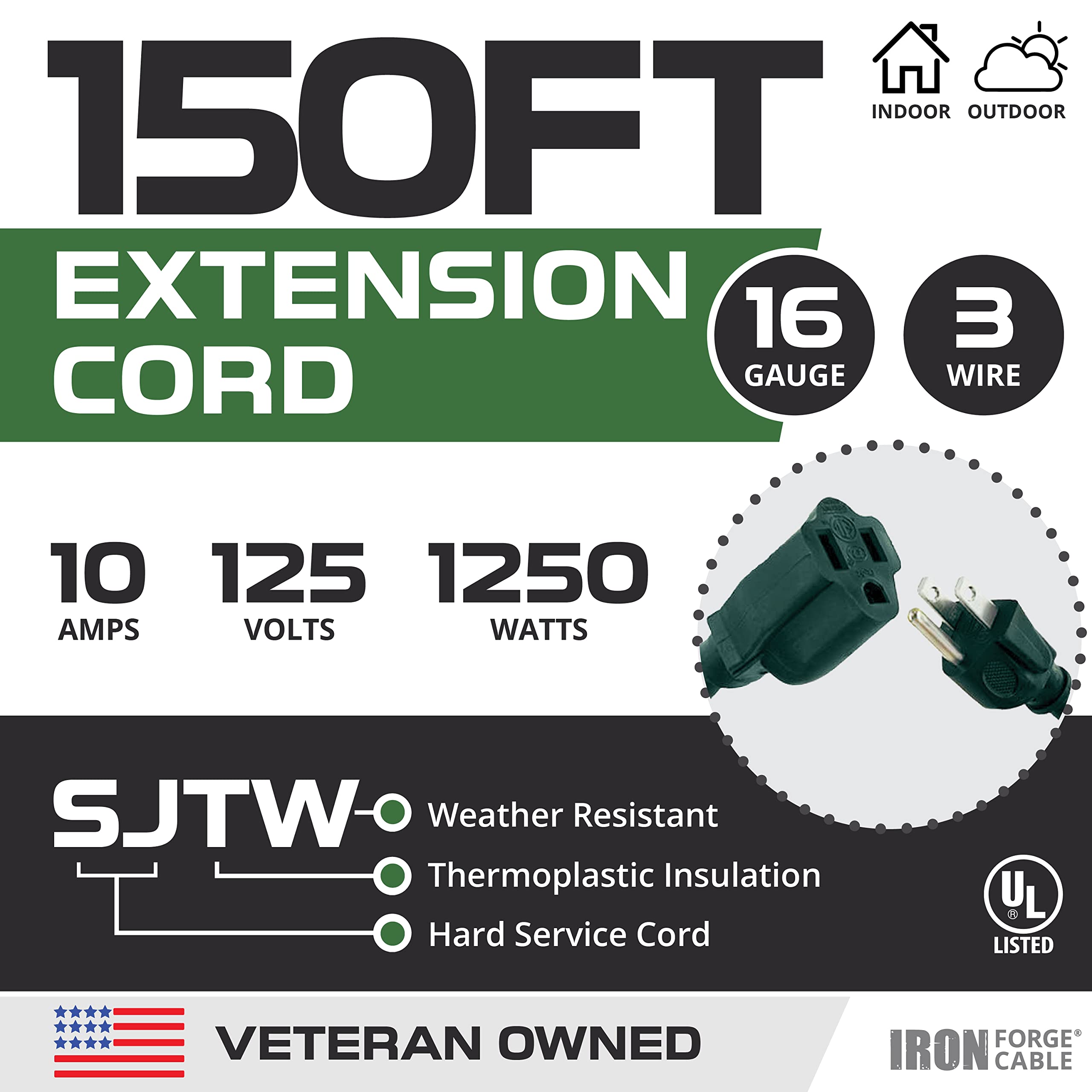 Iron Forge Cable Weatherproof Outdoor Extension Cord 150 Ft, 16/3 Sjtw Heavy Duty Green Extension Cord 3 Prong, Power Cable Grea