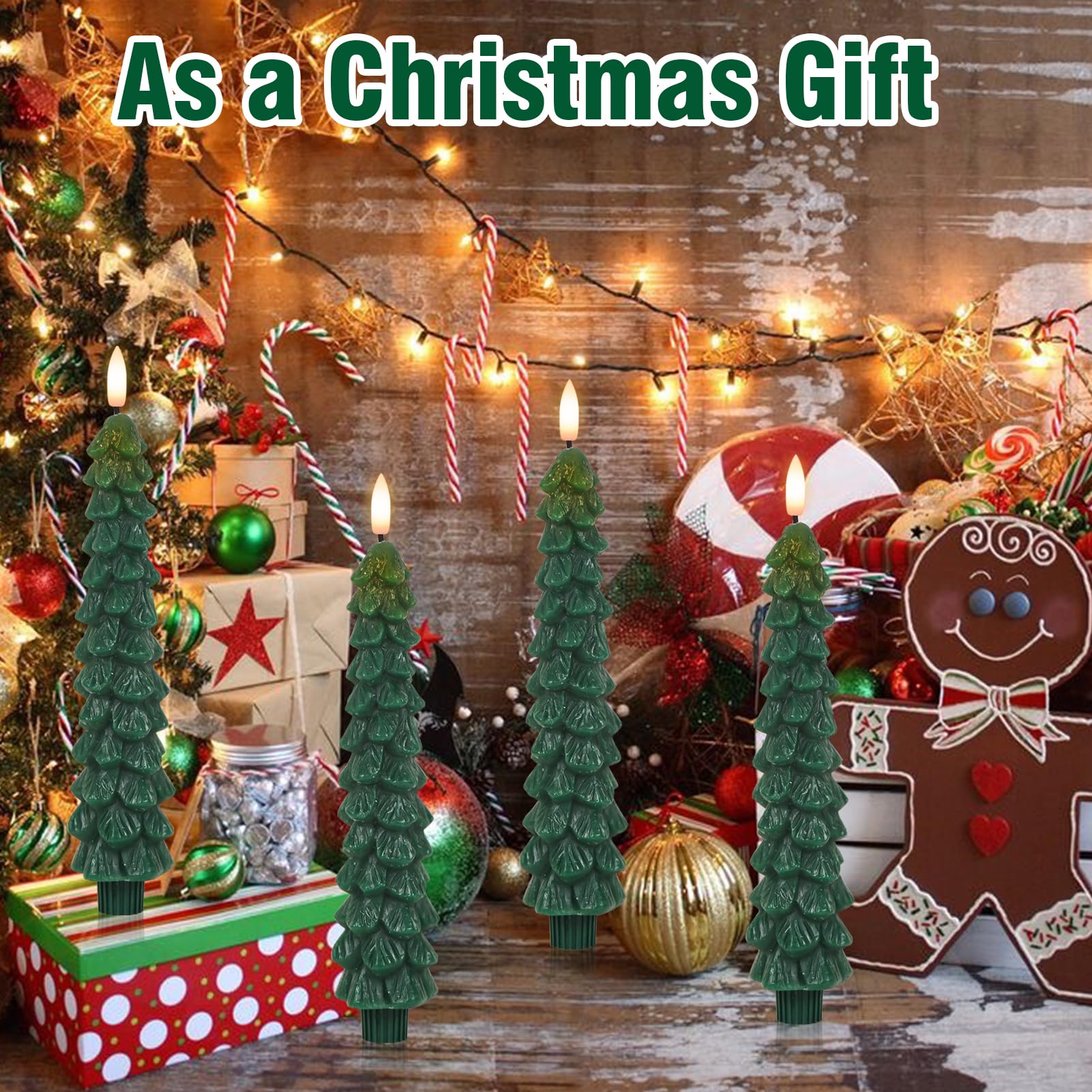 Lasumora Christmas Tree Candles With Remote Timer, 4 Pcs Waxy Flameless Taper Candles Flickering, Battery Operated Led Candlesti