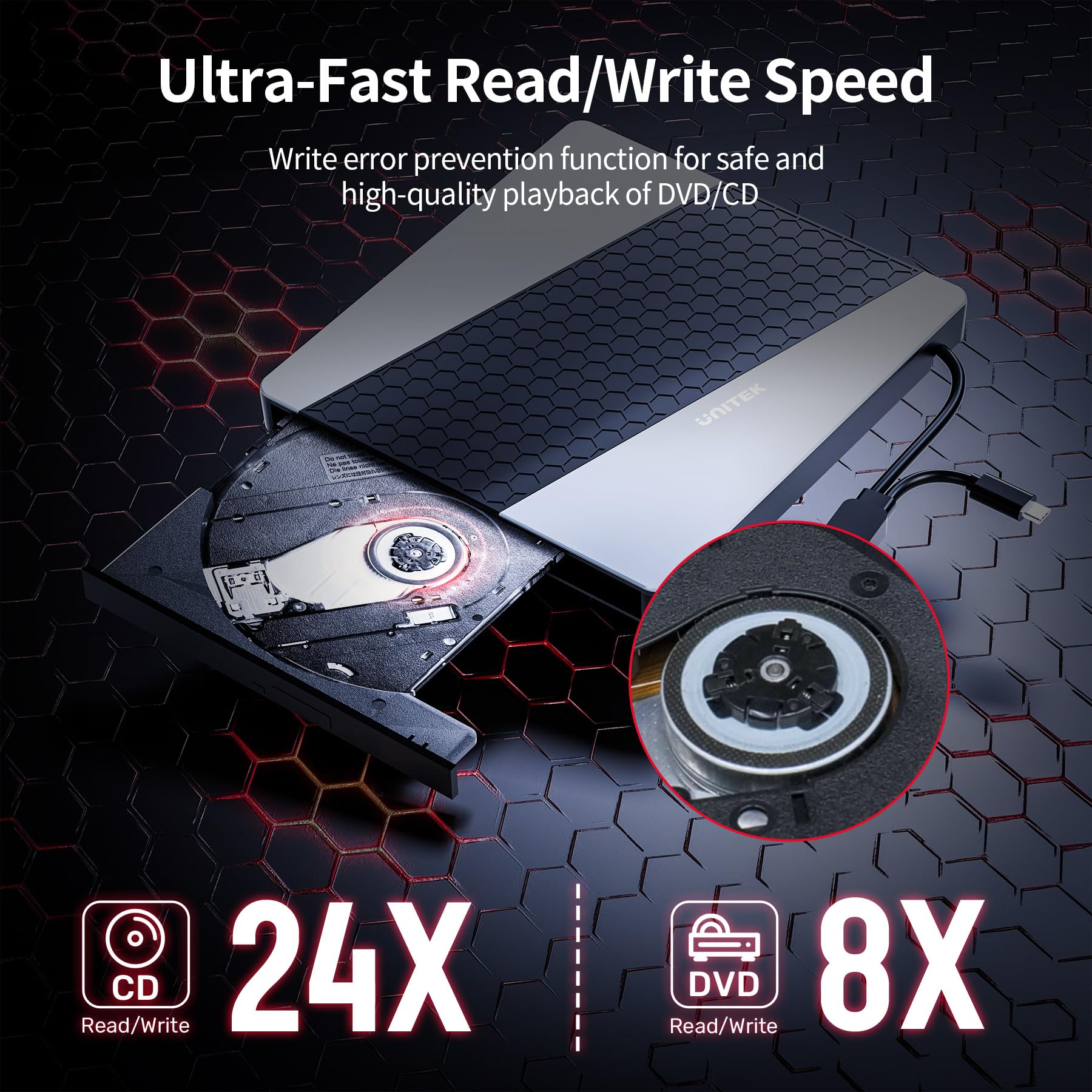 Unitek External Cd Dvd Drive, Usb3.0/Usb C 7 In 1 Portable Cd Dvd Player With Card Reader Usb Hub Cd Rom Burner Reader Supports