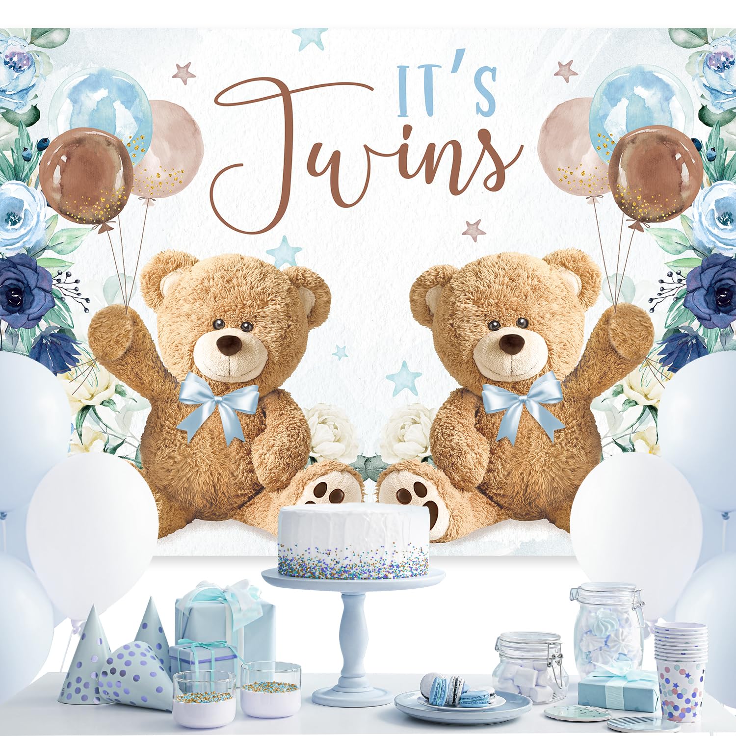 Imirell Twin Bear Boys Baby Shower Backdrop 7Wx5H Feet It'S Twins Boy Navy Blue Floral Brown Balloon Newborn Polyester Fabric Cu