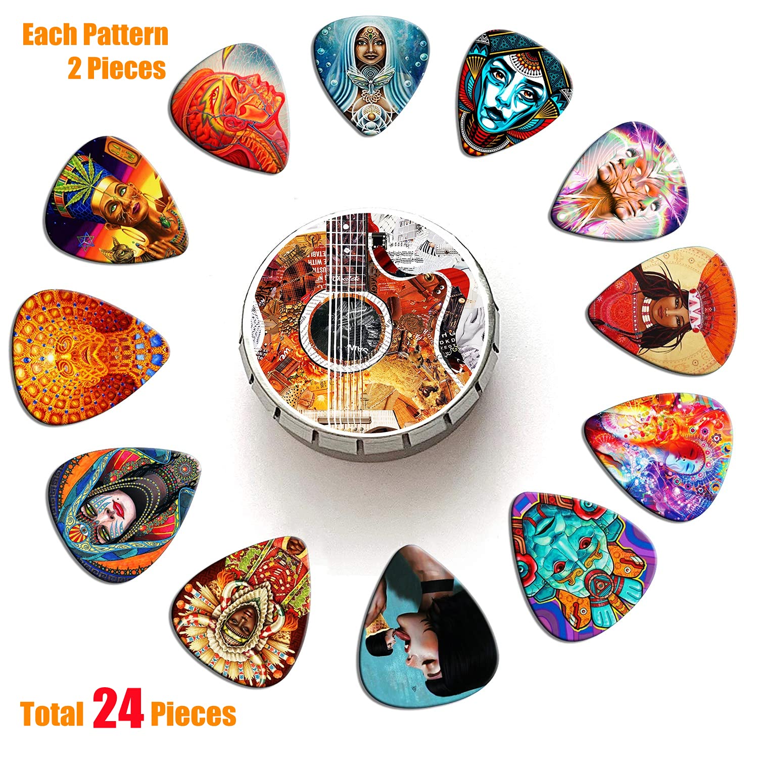 Thivenny Guitar Picks 24 Medium Pack With Tin Box,Unique Artistic Celluloid Guitar Pick For Bass Electric Guitar Acoustic Guitar