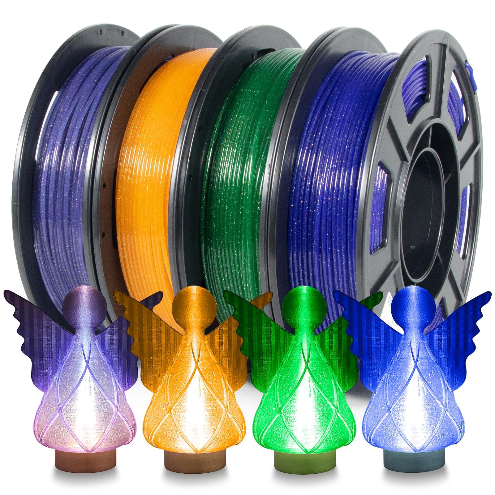 Isanmate 3D Printer Filament Bundle, Transparent Glitter Blue, Orange, Green And Blue Violet Pla Filament 1.75 Mm, 3D Printing F