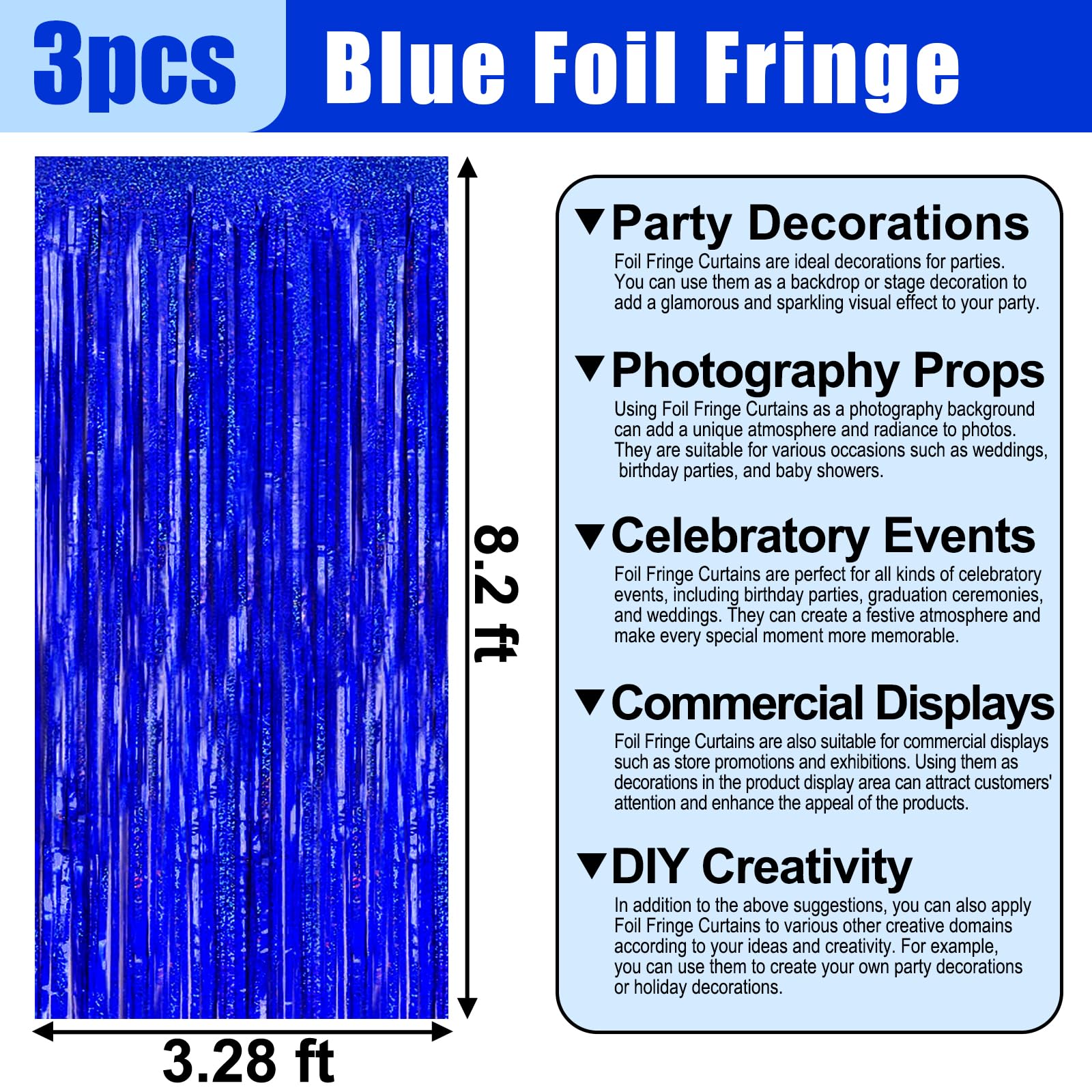 3 Pack Blue Foil Fringe Curtain Backdrop, 3.28Ft X 8.2Ft Metallic Tinsel Foil Fringe Streamer Curtains For Photo Booth, Valentin
