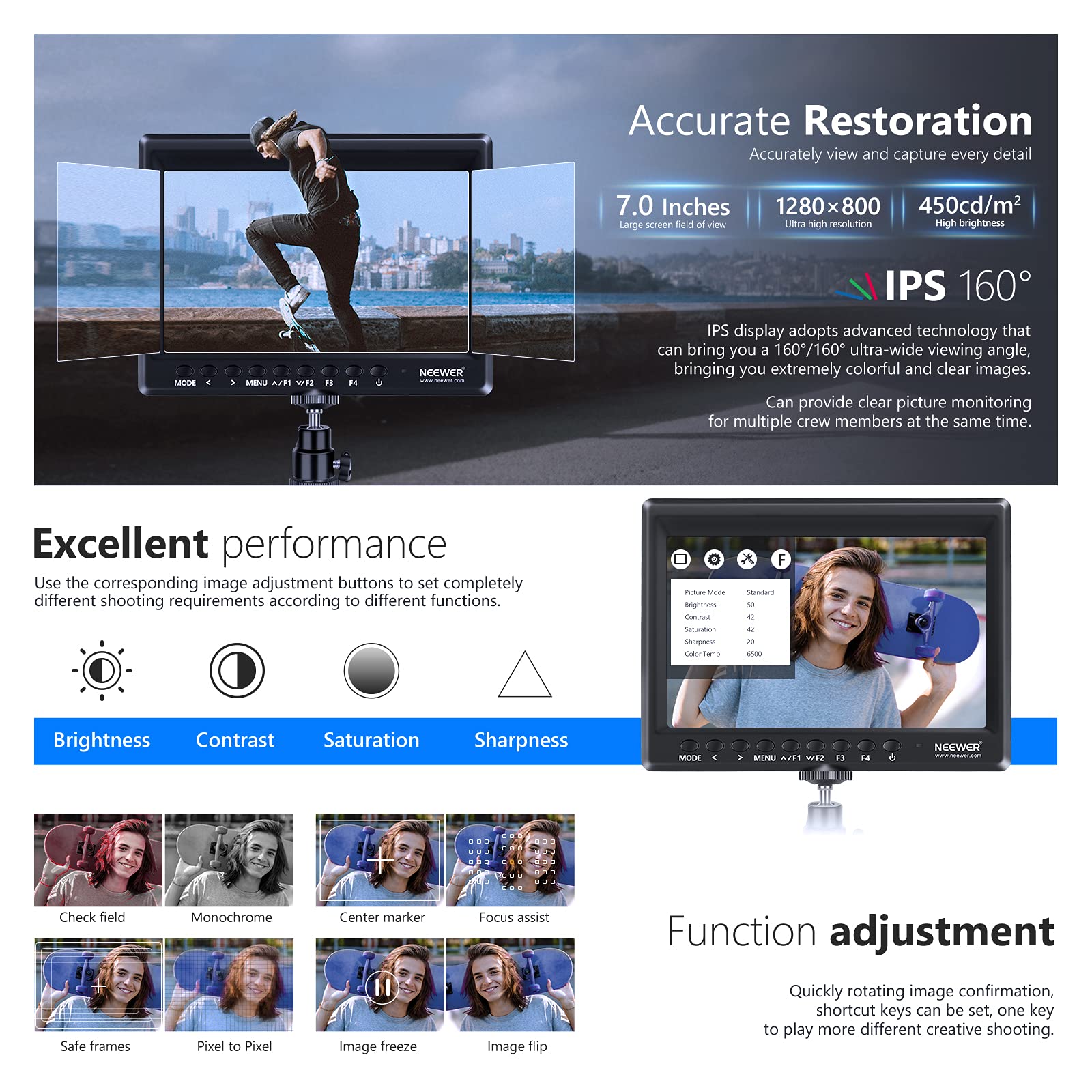 Neewer F100 7 Inch Camera Field Monitor Hd Video Assist Slim Ips 1280X800 Hdmi Input 1080P With 2600Mah Li Ion Battery/Usb Charg