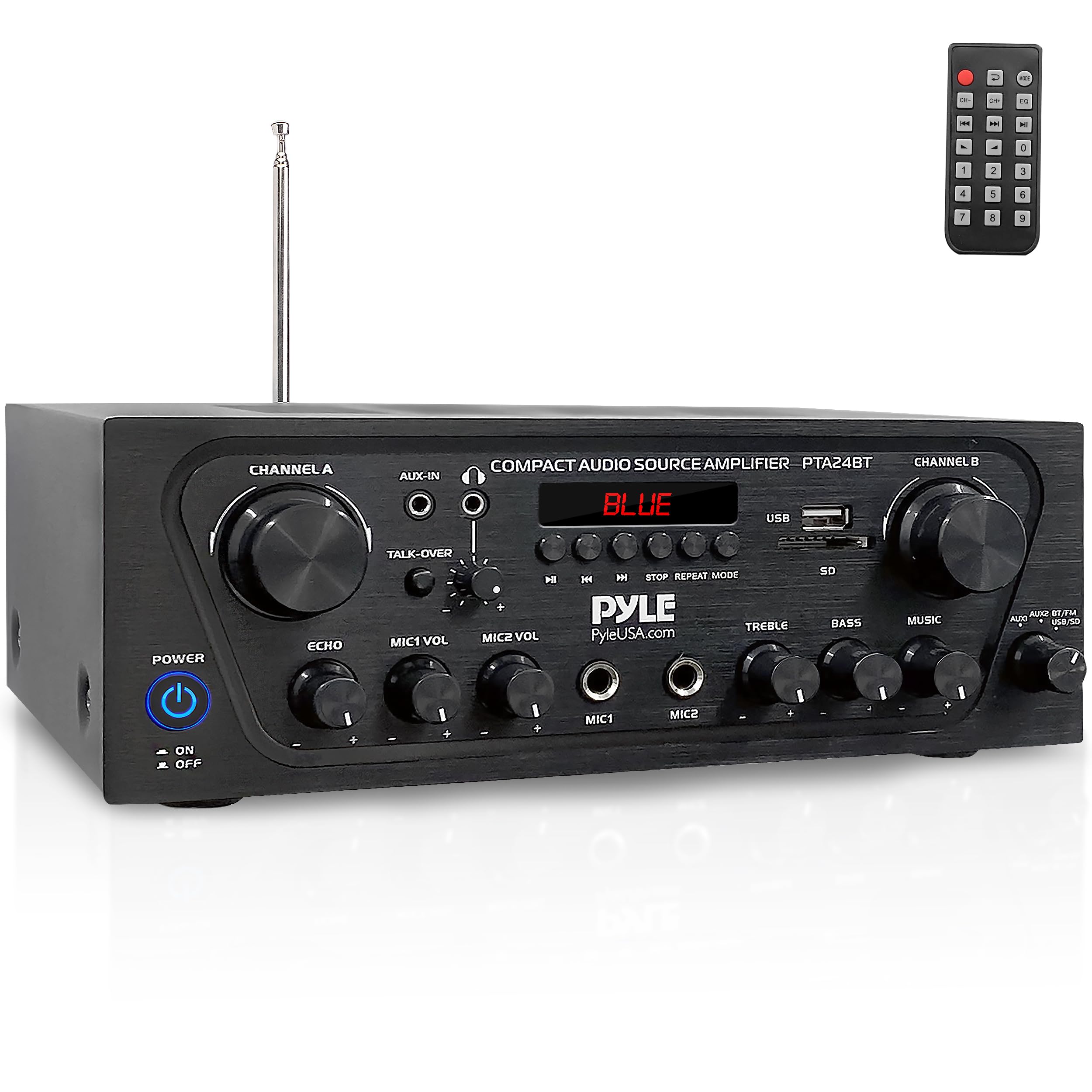 Pyle  Upgraded  2 Channel Karaoke Home Audio Amplifier W/Bluetooth For Streaming, Aux In, Usb, 2 Microphone Input W/Echo Effect,
