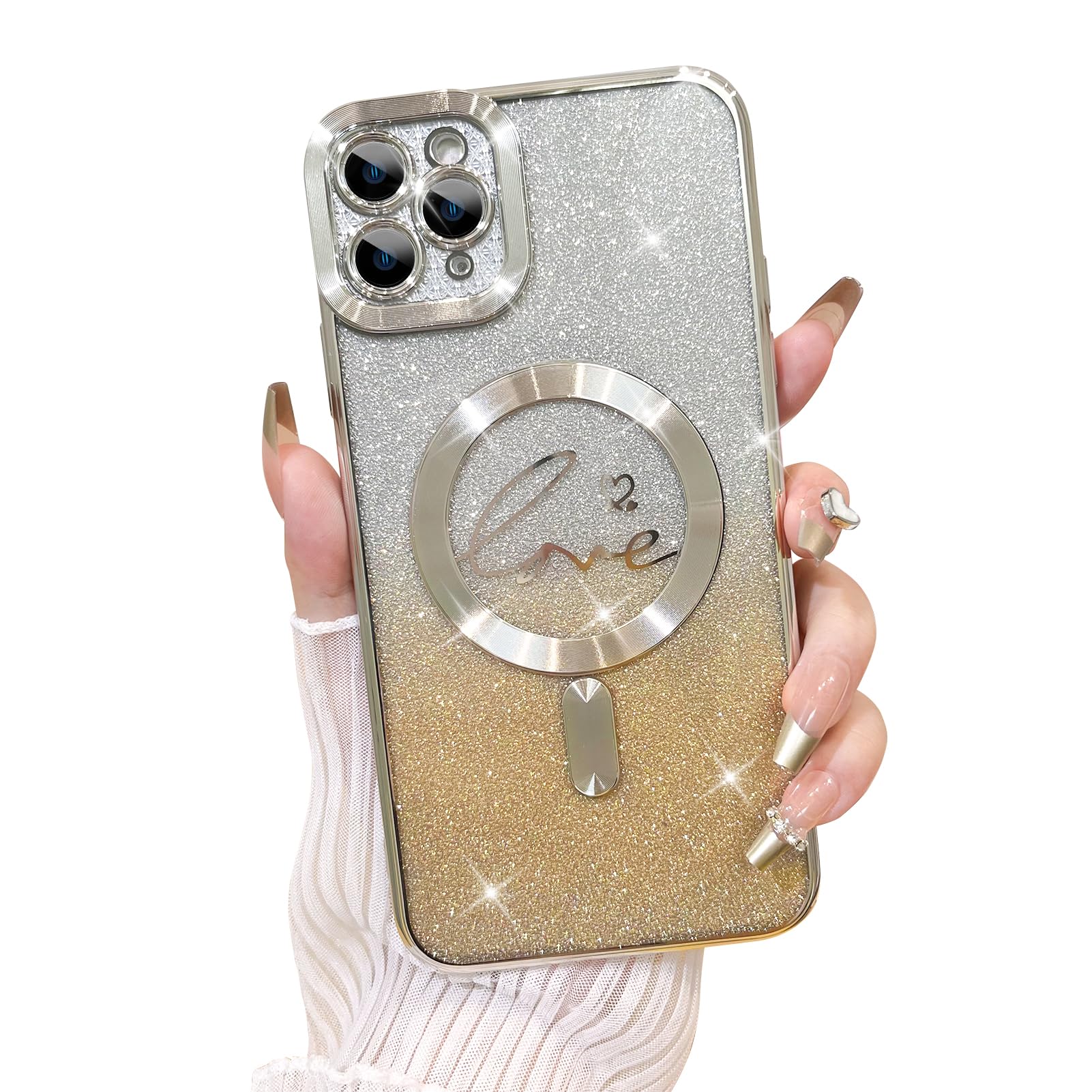 Fiyart Compatible With Iphone 11 Pro Max Case,Compatible With Magsafe Love Heart Plating Camera Protection Clear Phone Case, Mag