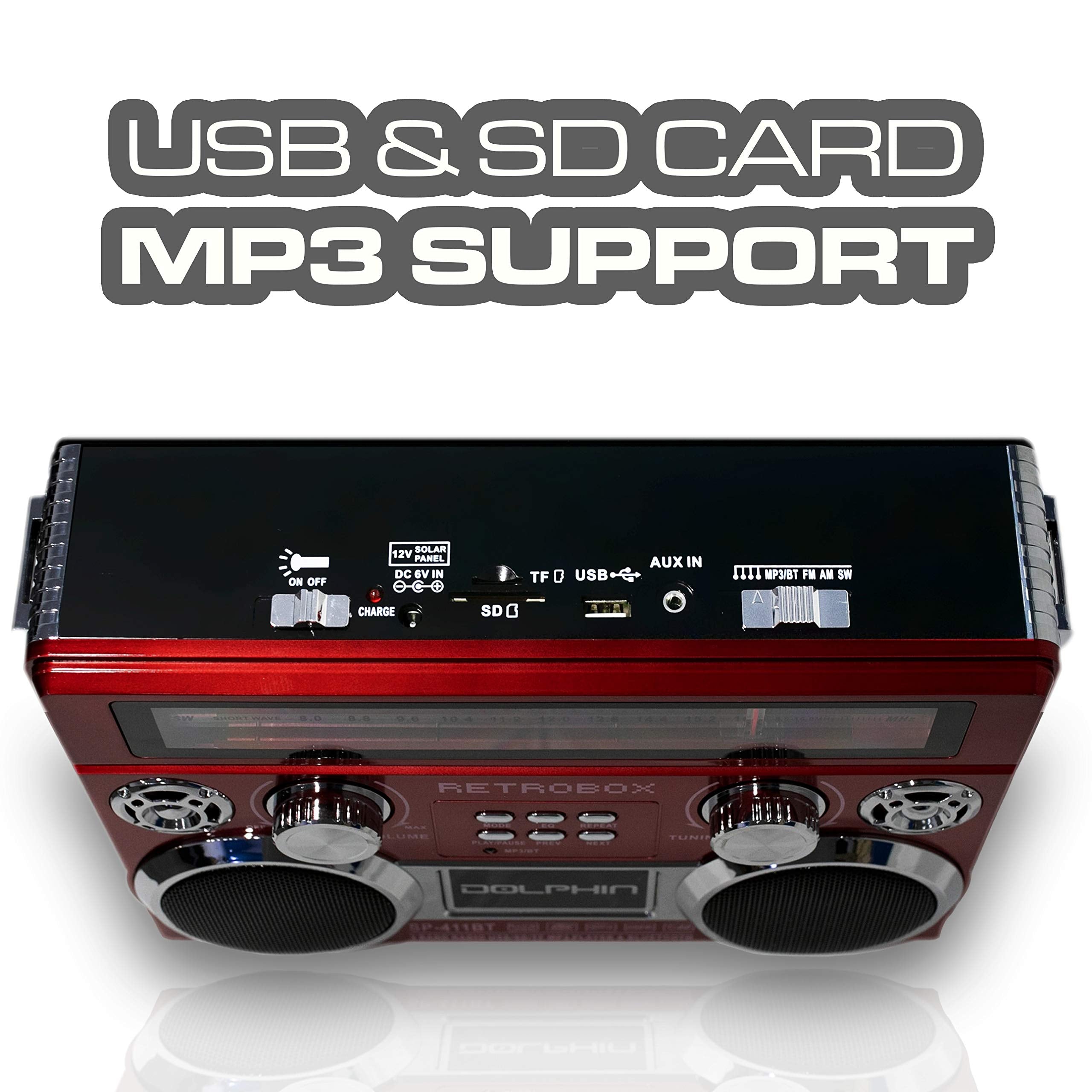 Dolphin Sp 411Bt Retrobox Portable Bluetooth Radio With Ac/Dc Power, Rechargeable Battery, Usb/Sd/Fm/Am/Sw/Aux, And High Sensitivity Antenna Red Or Black With Leather Handle And Shoulder Strap