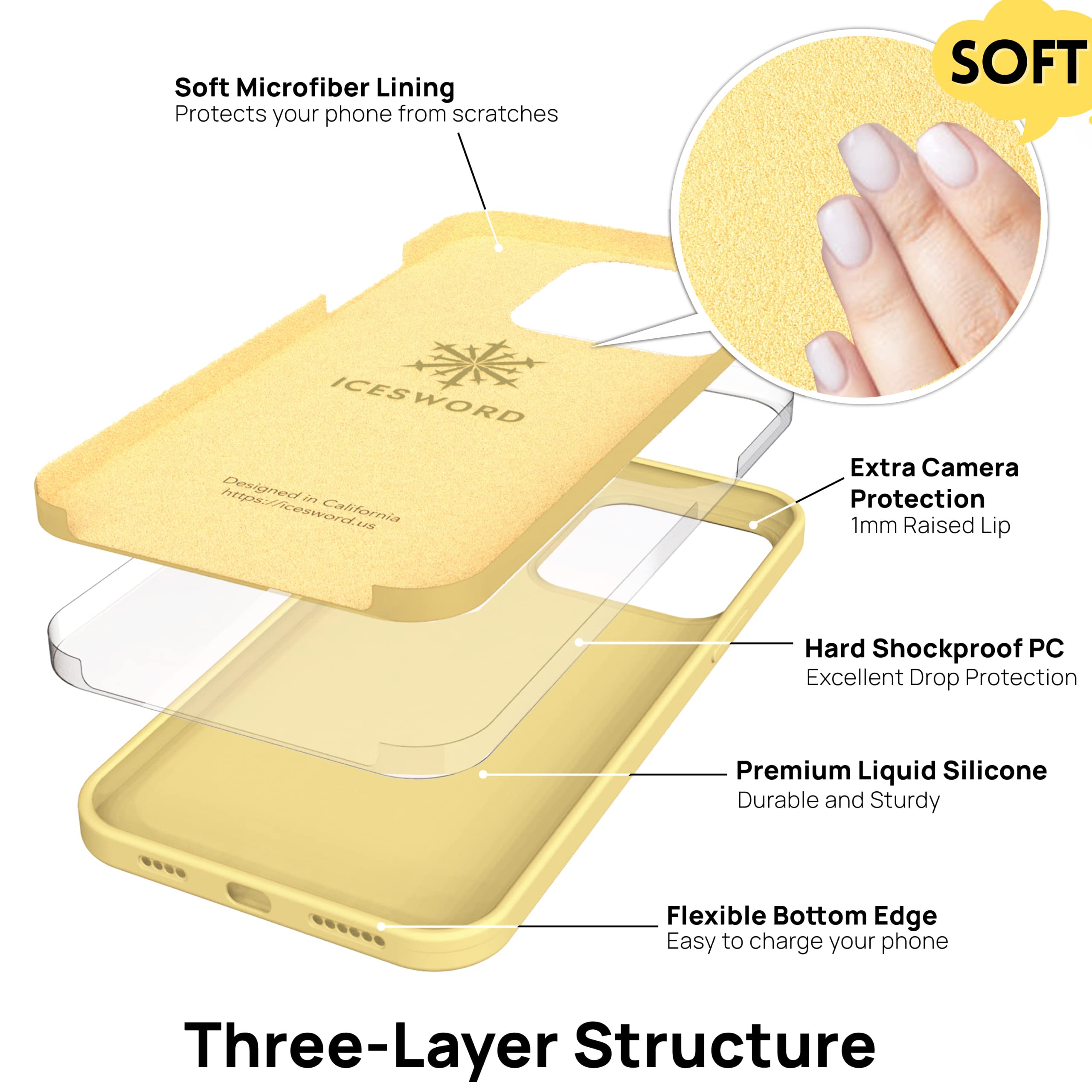 IceSword iPhone 14 Case Liquid Silicone Yellow Slim Protective 6.1 inch Shockproof