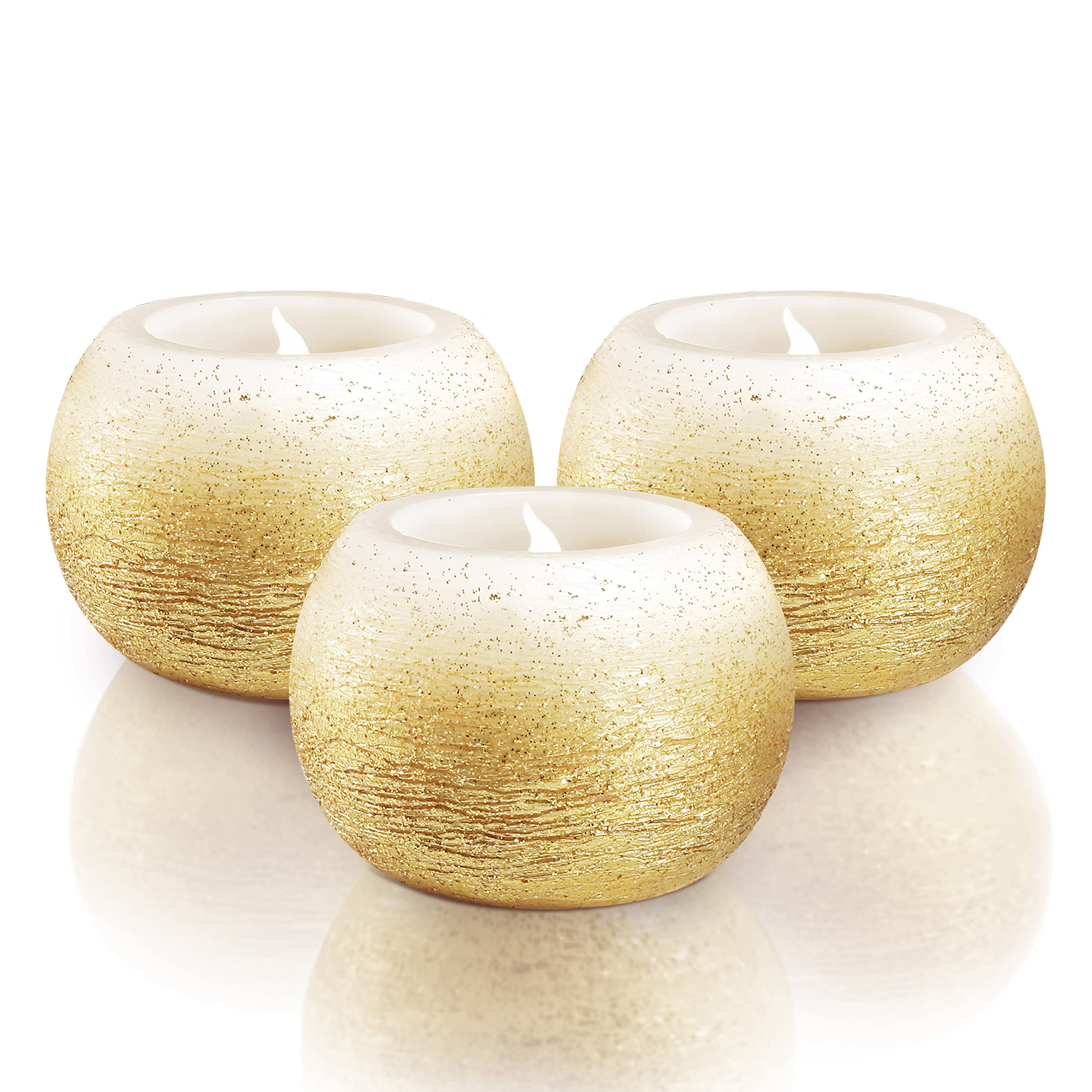 Furora LIGHTING Gold Glittery Real Wax Flameless Candles Pack of 3, LED Flickering Round Candles Perfect for Wedding D  cor, 2.4