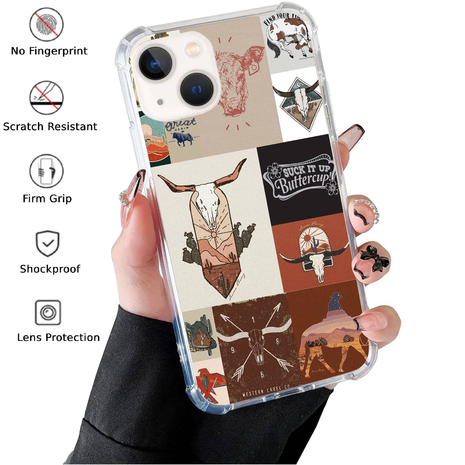 Wizeyake Western Country Collage Phone Case Compatible With Iphone 14, Boho Western Cow Horse Collage Trendy Cool Girl Boy Case