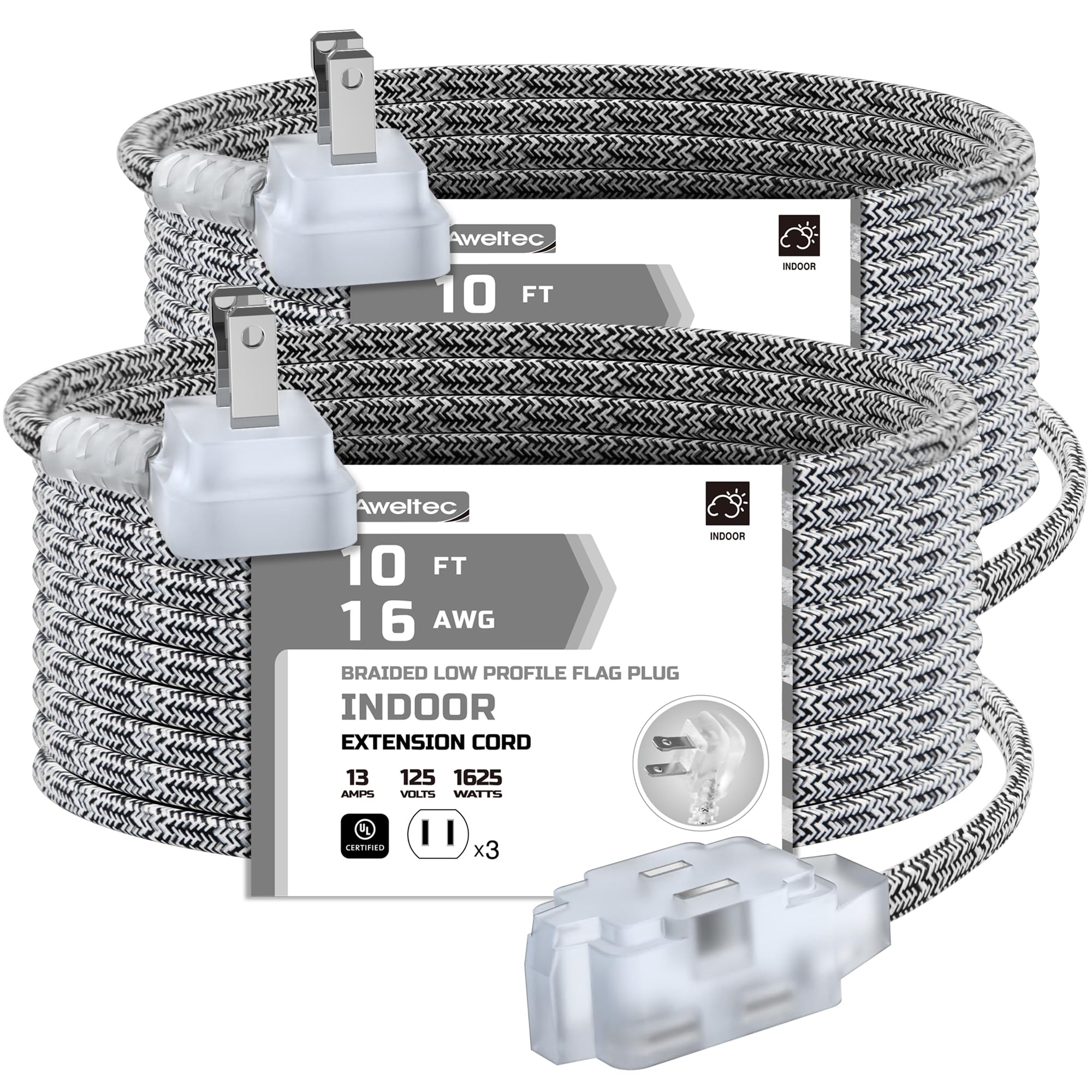 Awletec 2 Pack Extension Cord 3 Outlet, 10 Ft Braided Cable, 3 Polarized Outlets With Safety Cap Protect For Home Office, 16/2 S
