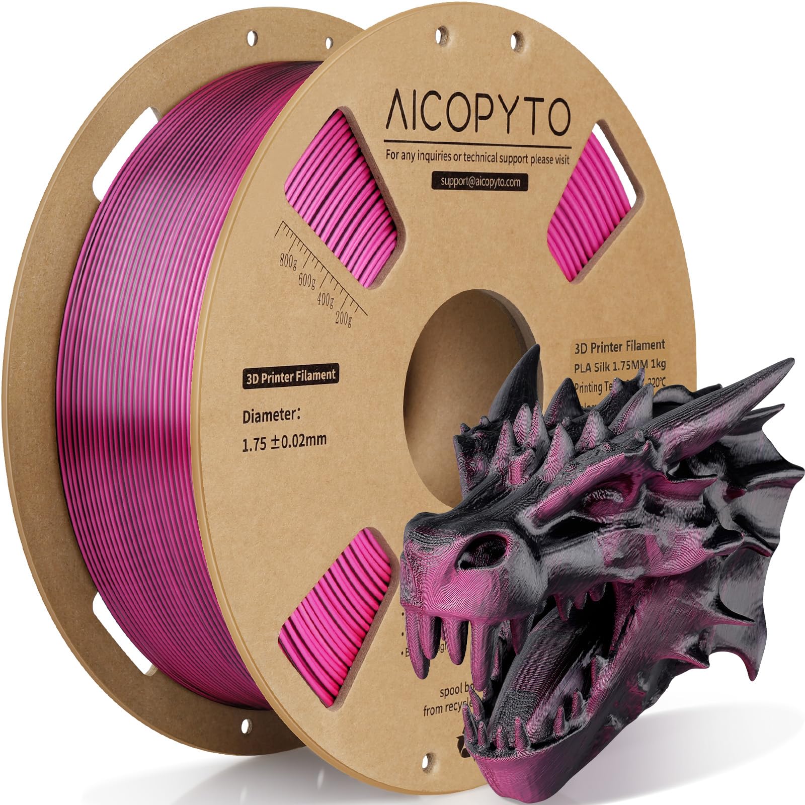 AICOPYTO Dual Color Silk PLA 3D Printer Filament 1.75mm, Dual Color 2-in-1 Black-Red Silk Filament 1KG Spool (2.2lbs) Dimensiona