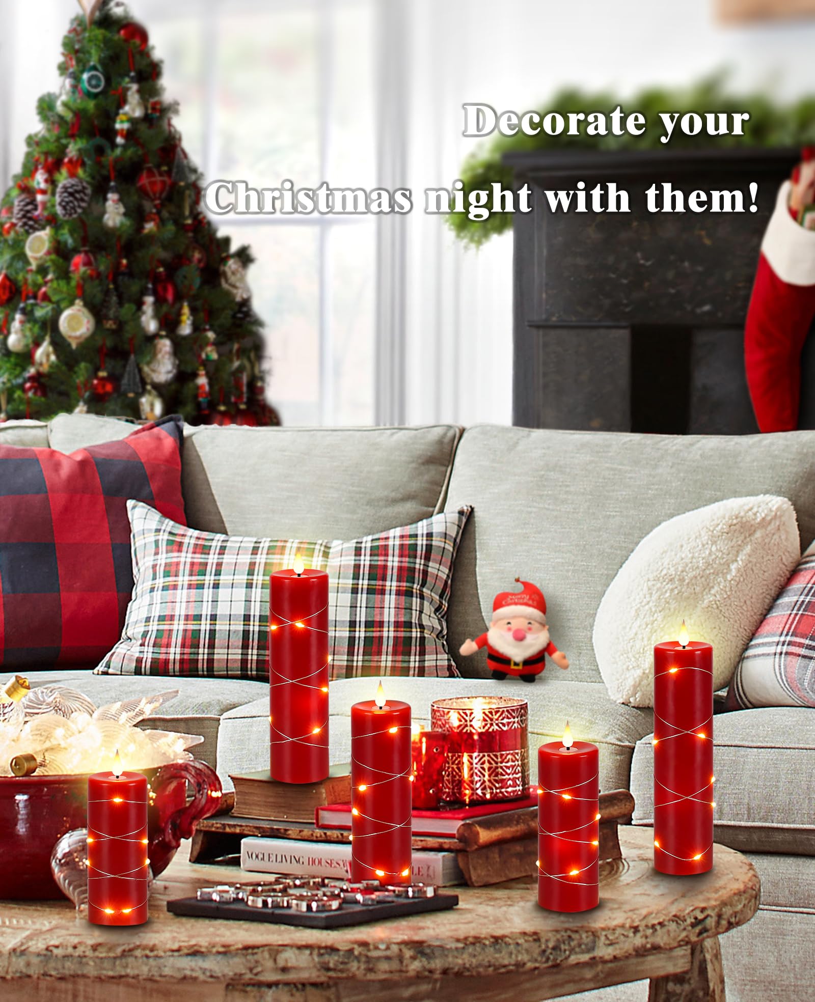 Da By Red Flameless Candles With String Lights, Battery Operated Candles With Remote Control And Timer,Flickering Led Pillar Can