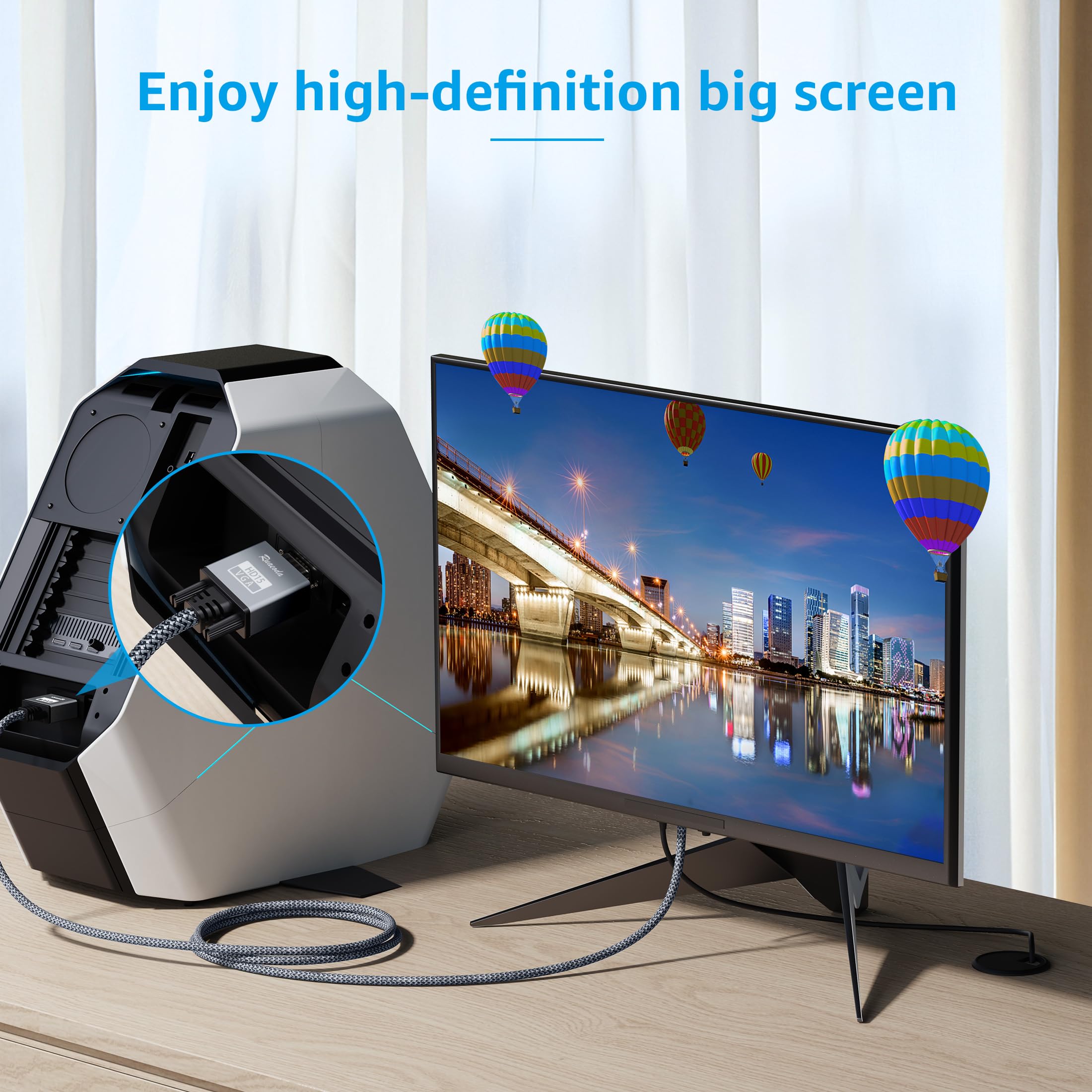 Ruaeoda Vga Cable,Vga To Vga Cable 10 Ft, Nylon Braided 15 Pin 1080P Full Hd Computer Monitor Cable Male To Male Vga Cord For Pc