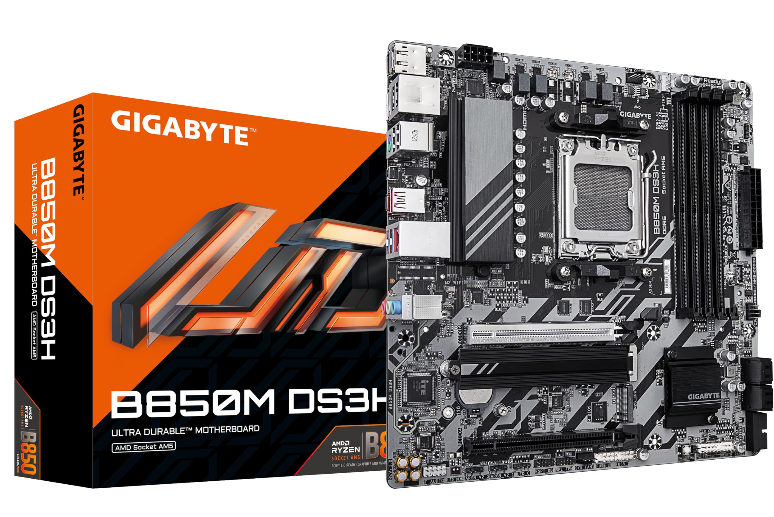Gigabyte B850M DS3H Motherboard - AMD Ryzen 9000 Series CPUs, 16+2+2 Phases Digital VRM, up to 8200MHz DDR5 (OC), 1xPCIe 5.0 + 1