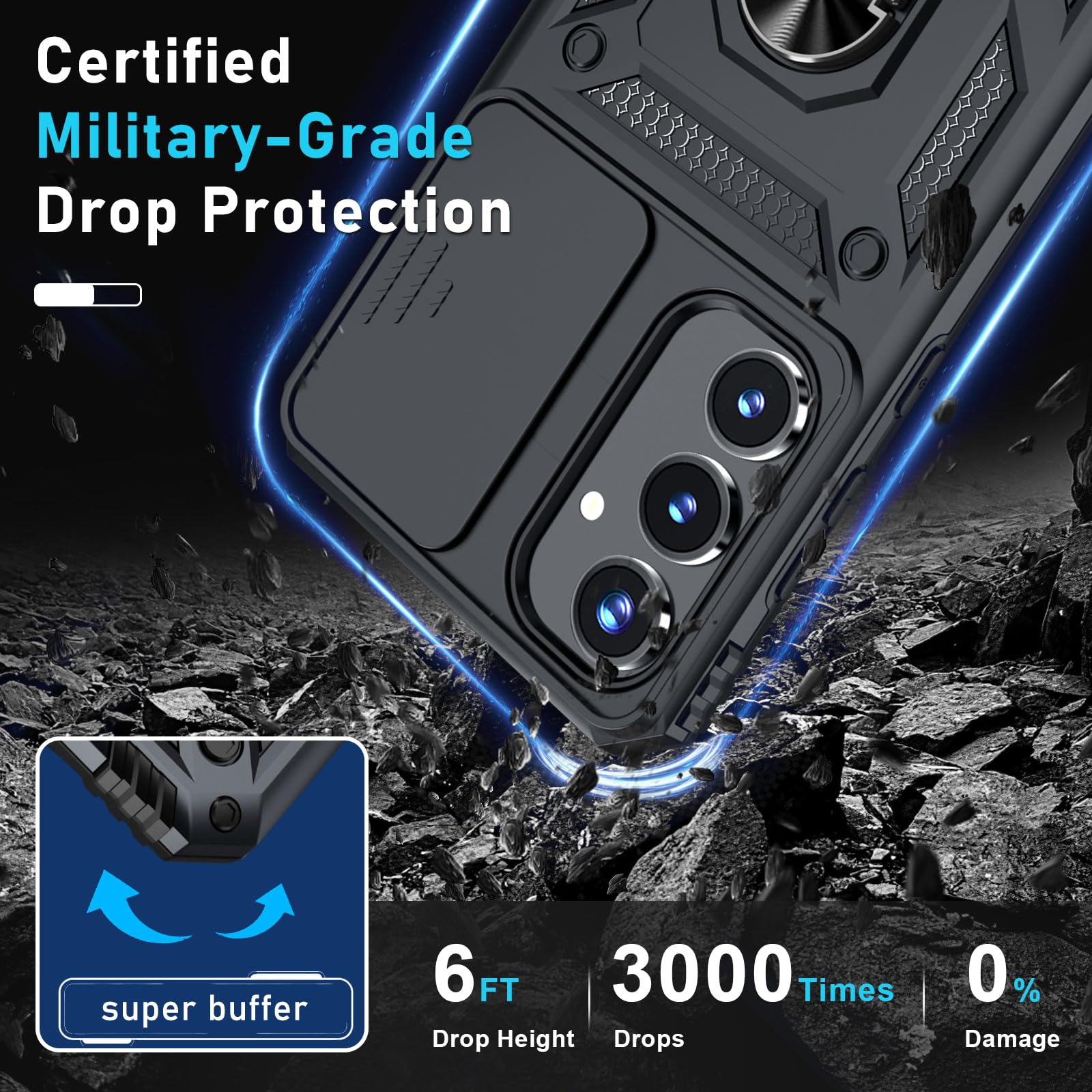 Janmitta Compatible With Samsung Galaxy A35 5G Case Built In Slide Camera Lens Cover+Screen Protector+Finger Ring Holder Kicksta