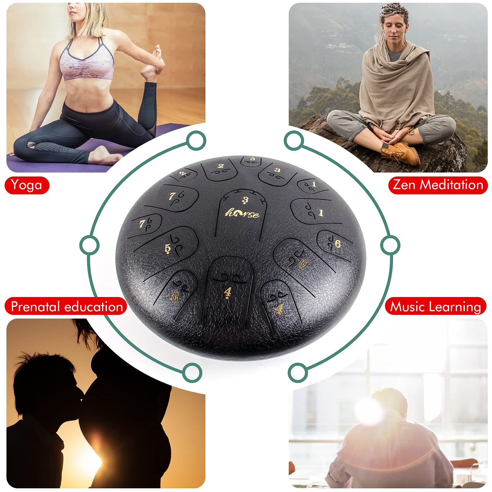 Steel Tongue Drum, Horse 14 Inch 15 Tones Tank Drum C Key Percussion Steel Drum Kit With Drum Mallets Note Stickers Finger Picks