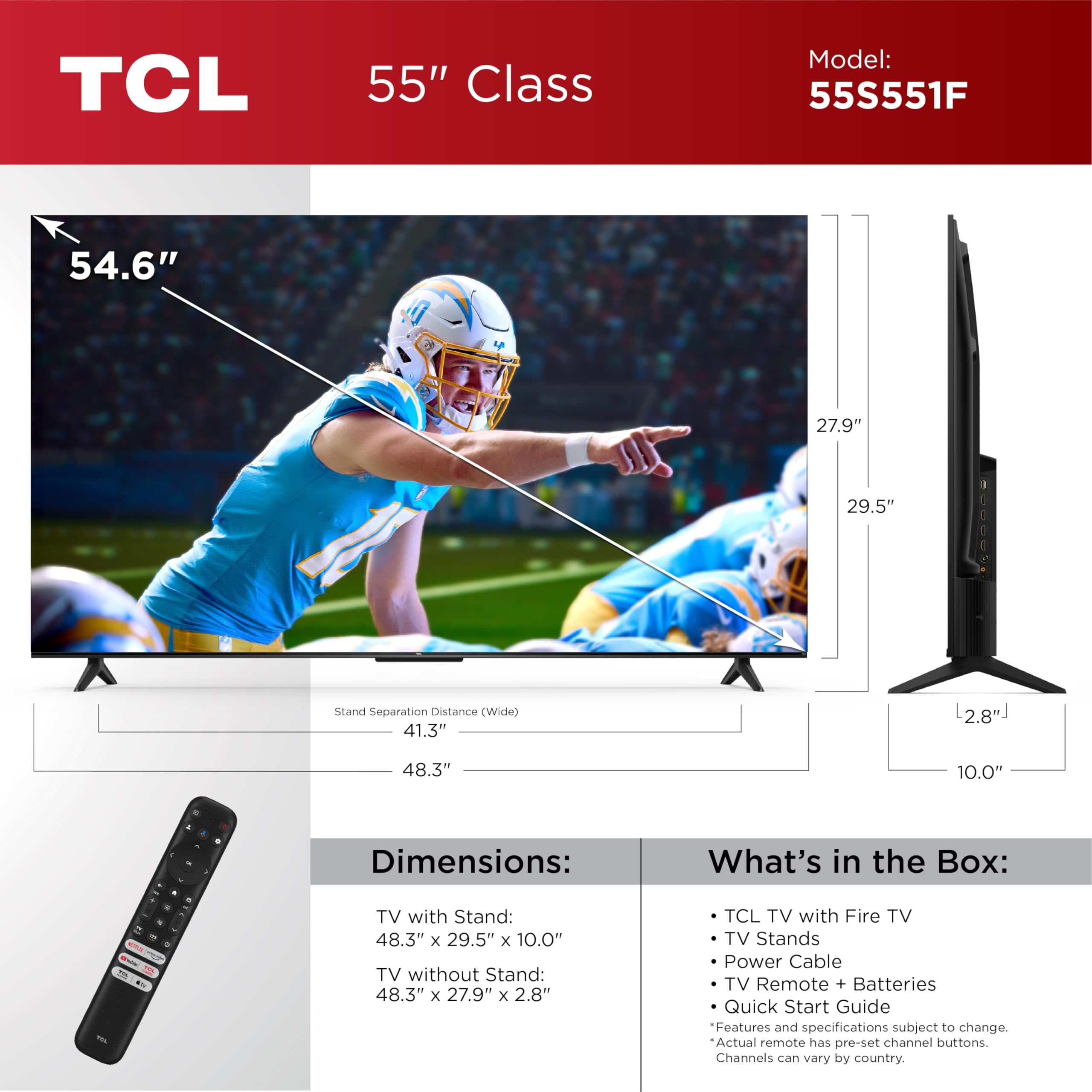 Tcl 55 Inch Class S5 Uhd 4K Led Smart Tv With Fire Tv (55S551F, 2024 Model), Dolby Vision, Hdr Pro+, Dolby Atmos, Alexa Built In