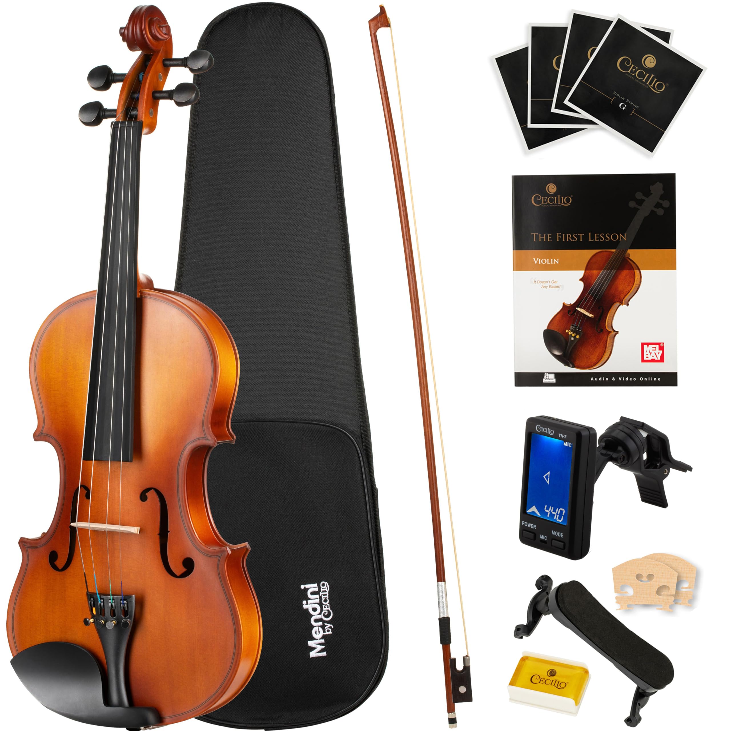 Mendini By Cecilio 3/4 Violin Set For Beginners - Fiddle Solidwood Kit with Hard Case - Acoustic Violin with Bow, Rosin, Tuner, 