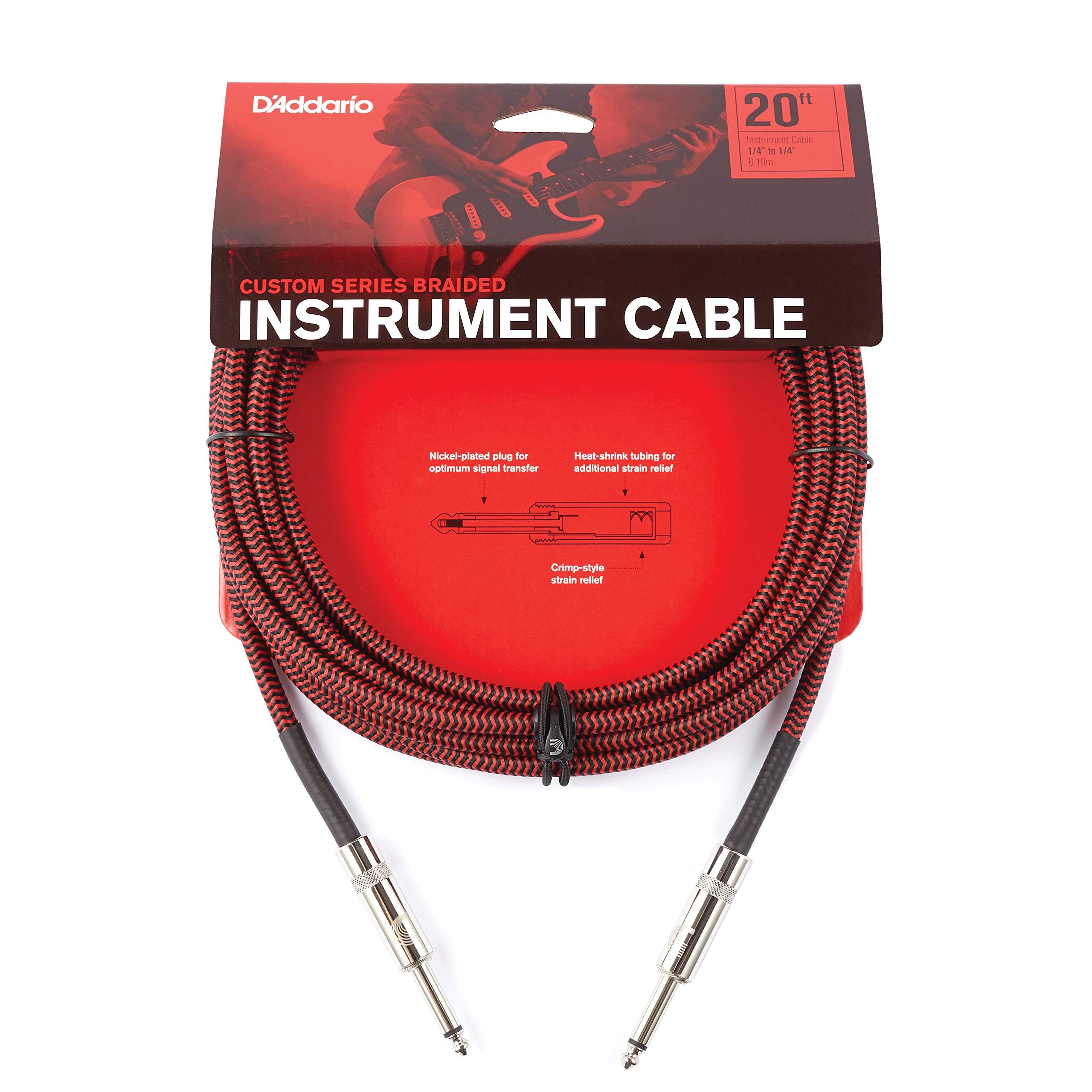 Daddario Guitar Cable - Guitar Lead - Instrument Cable - Guitar Accessories - Braided Cable - 20 Feet/7.62 Meters - Red - 1 Pac
