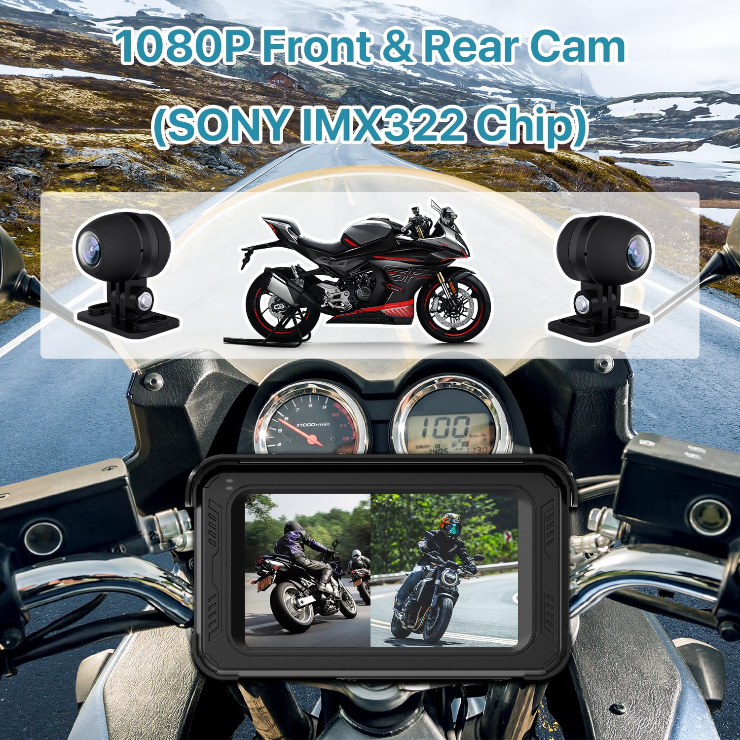 Motorcycle Dvr Dash Cam With Wireless Apple Carplay, Android Auto, Tpms, Hd 1080P Cameras, Gps G Sensor, Siri & Google Voice, 5'