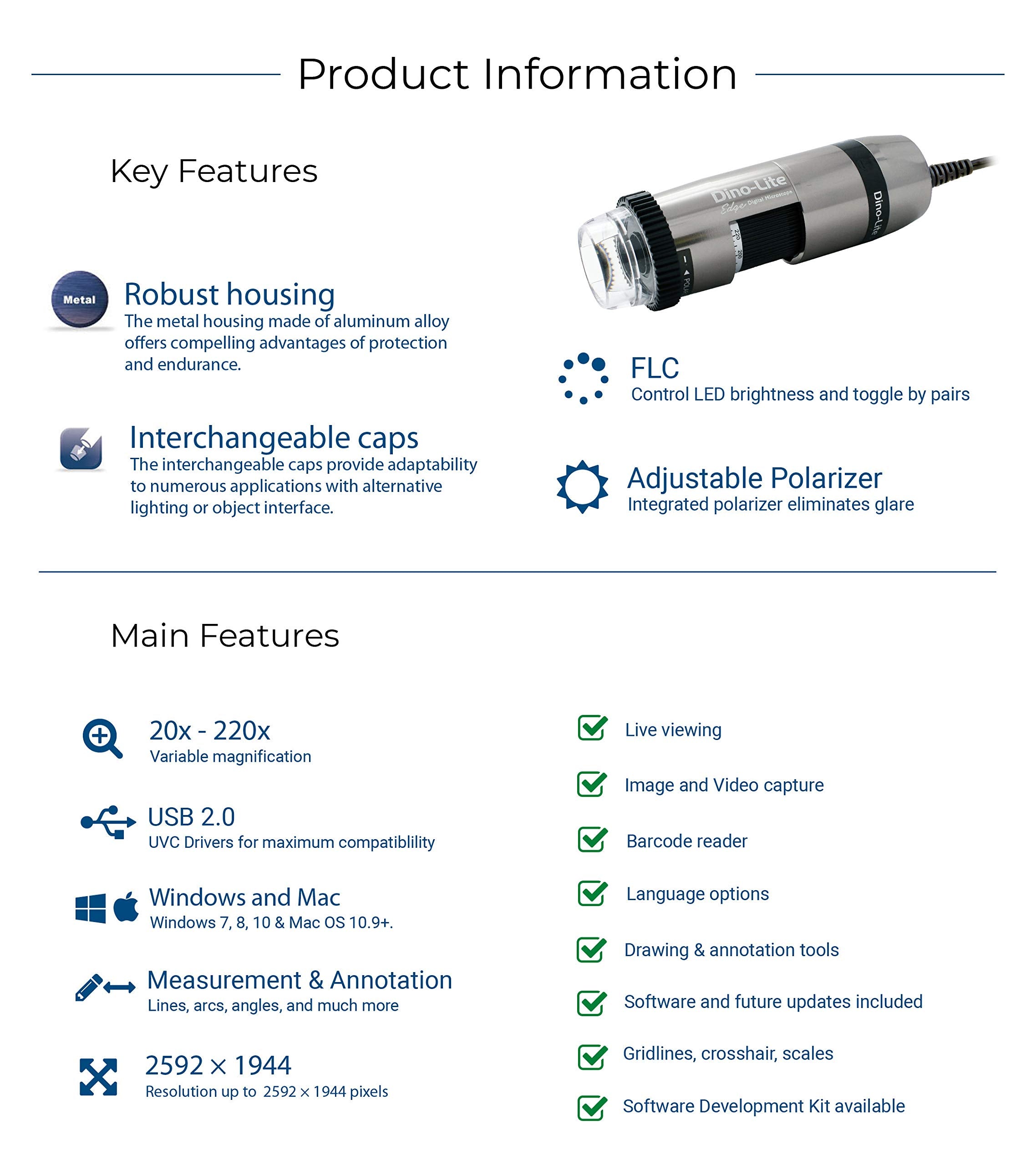 Dino Lite Usb Digital Microscope Am7115Mzt, 10X 220X Magnification 5.0Mp, Microtouch, Measurement, Scroll Lock, Polarizer, Remov