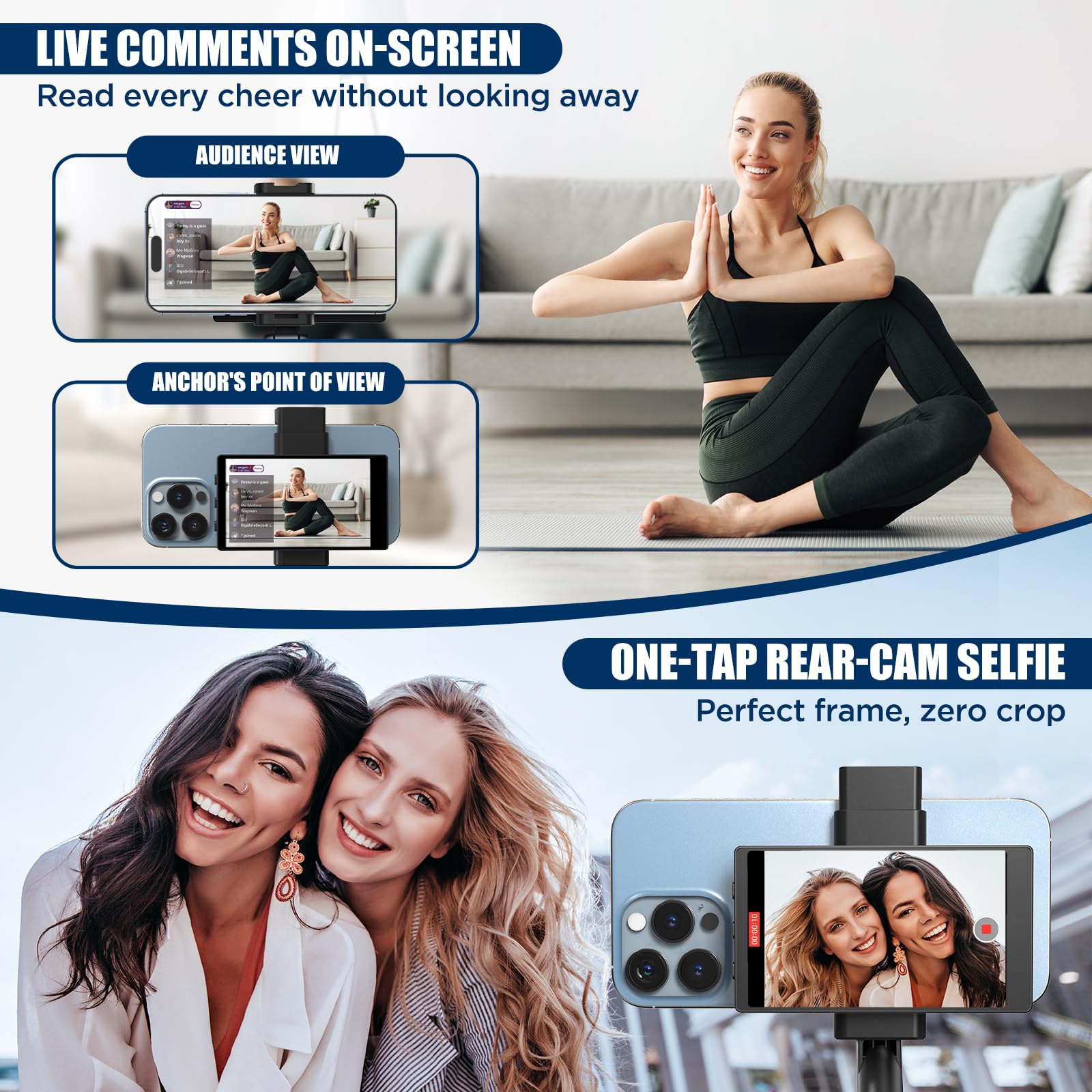 Upgraded Selfie Monitor Screen For Iphone & Android, Audio Sync Low Latency Hd Back Camera Monitor With Bluetooth Remote & Magne