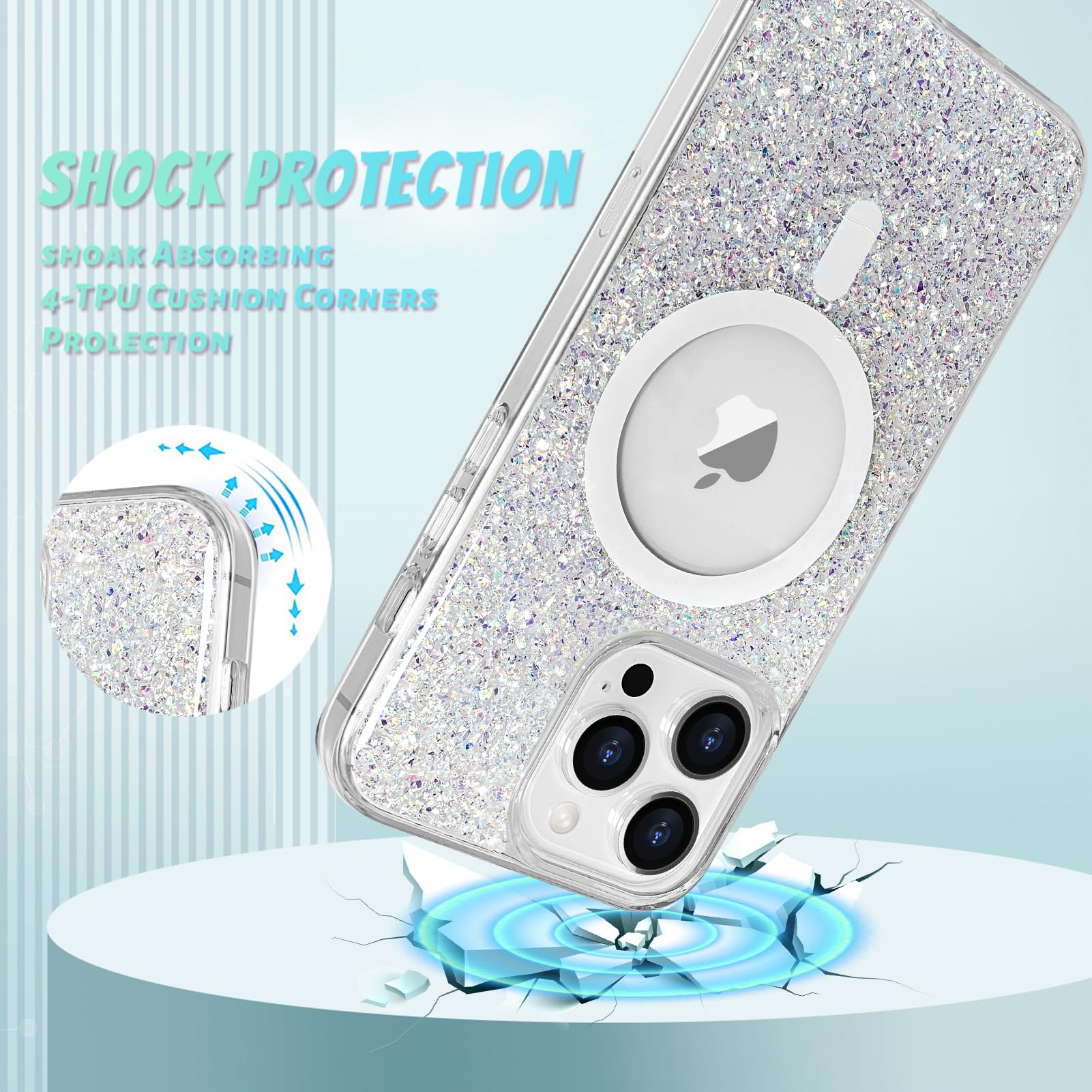 Bonoma For Iphone 16 Pro Max Case, Sparkly Glitter Bling Back, Magnetic Support For Magsafe Shockproof Case, Crystal And Clear H