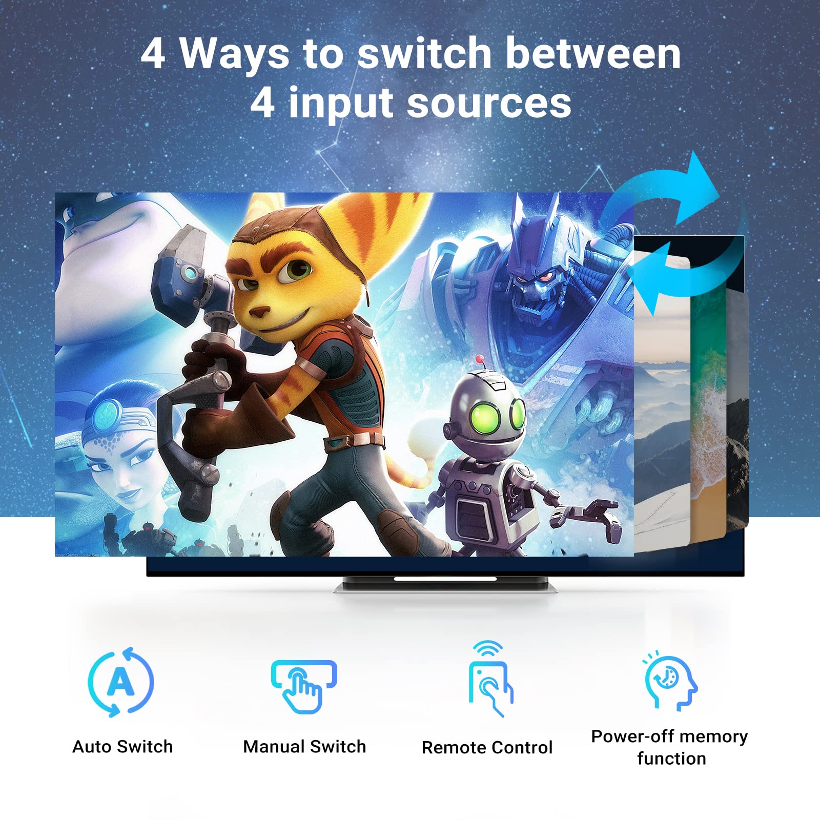 Newcare Hdmi 2.1 Switch 8K 60Hz, Hdmi Switch 4K 120Hz Hdmi Switcher 4 In 1 Out,4X1 Hdmi Auto Switch Selector With Remote For Fire Stick, Ps5,Roku,Xbox,Support 1080P@240Hz,3D,48Gbps