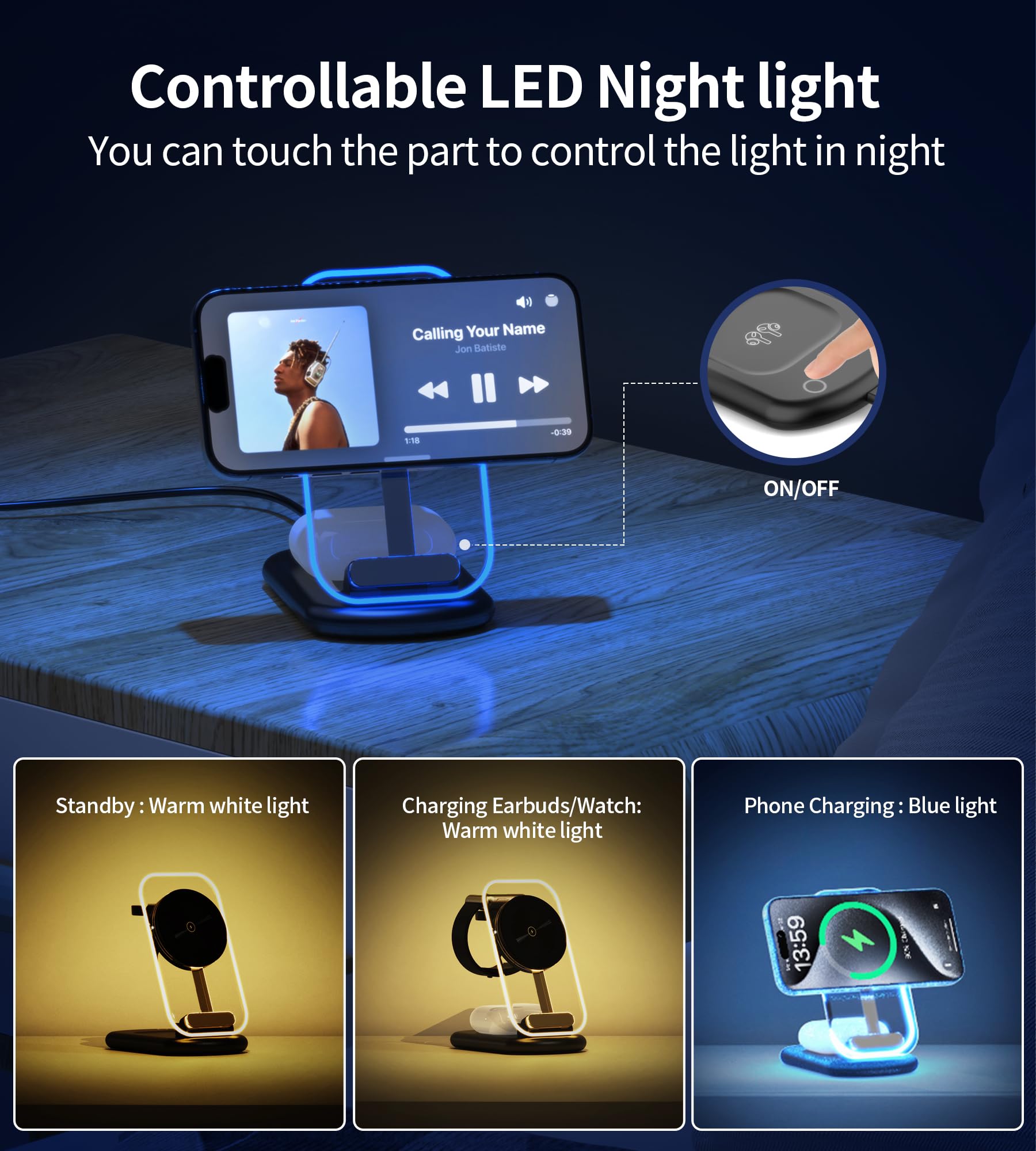 3 In 1 Magnetic Wireless Charging Station For Apple Devices, Fast Foldable Travel Mag Safe Charger Stand With Night Light For Ip