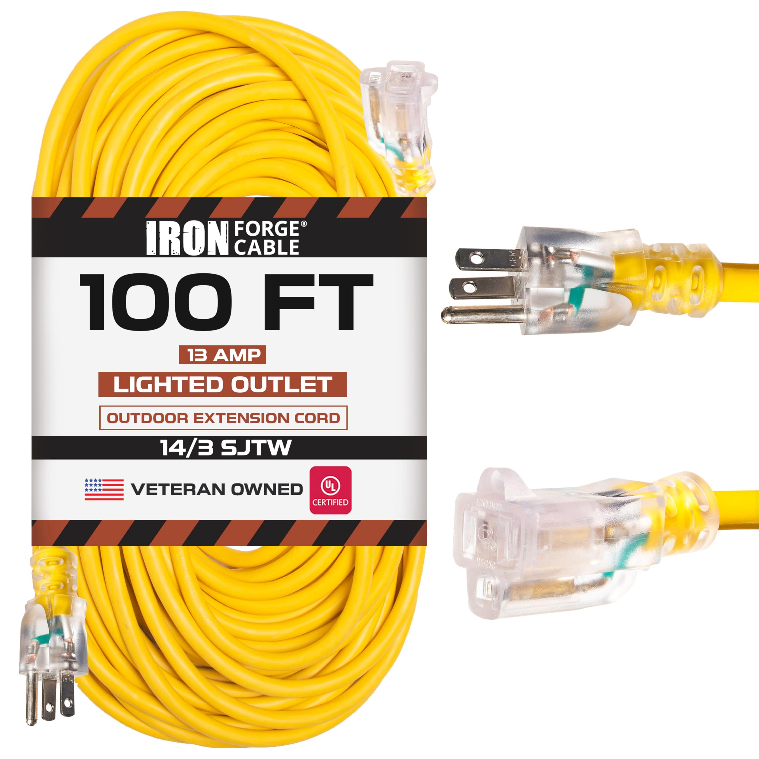 Iron Forge Cable Lighted Outdoor Extension Cord 100 Ft   14 Gauge 13 Amp Heavy Duty Power Extension Cords   Sjtw   Great For Maj