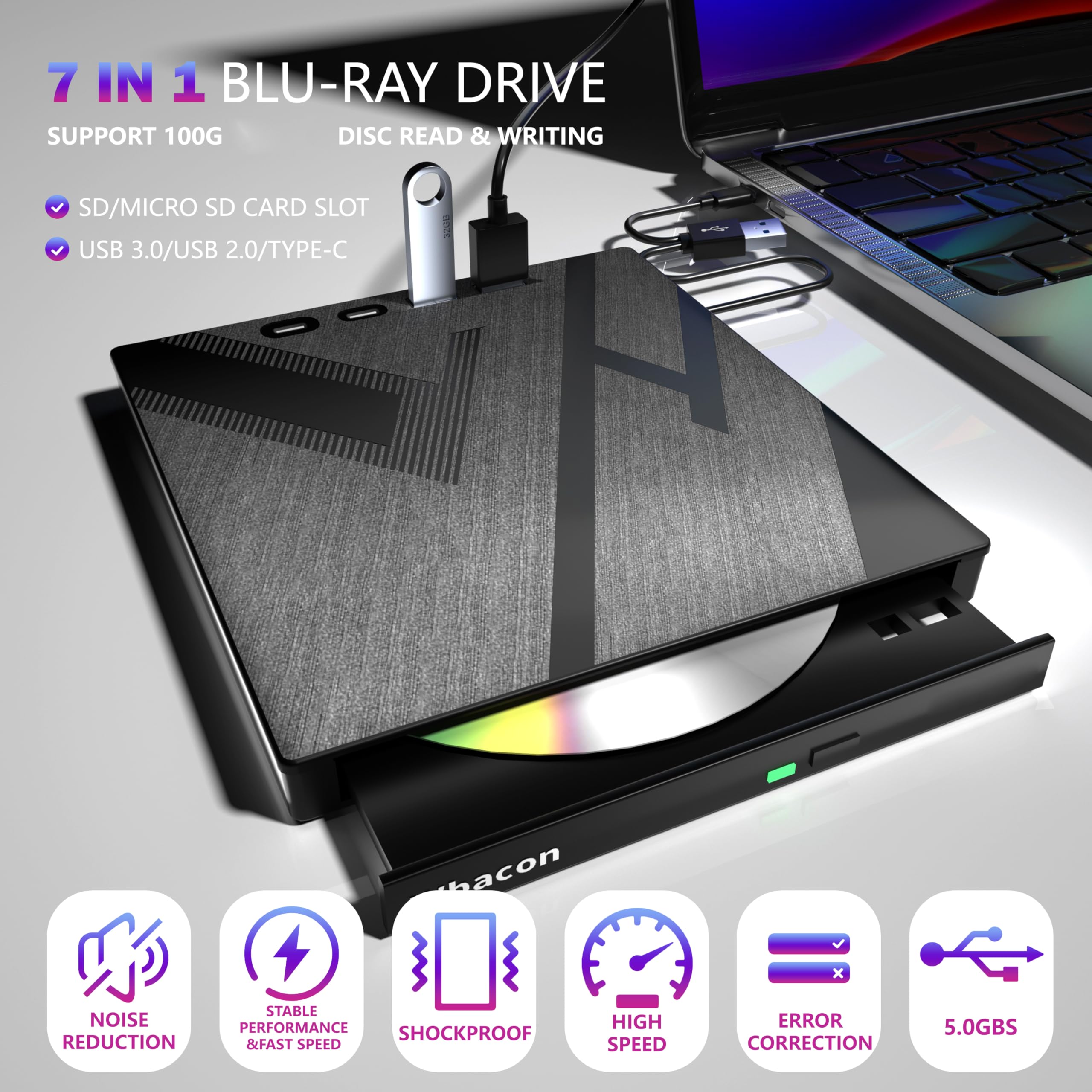 7 In 1 External Blu Ray Drive, Usb 3.0 Type C Optical External Bluray/Dvd Drive Burner With Sd/Tf Port, Support 100G Disc R/W Fo