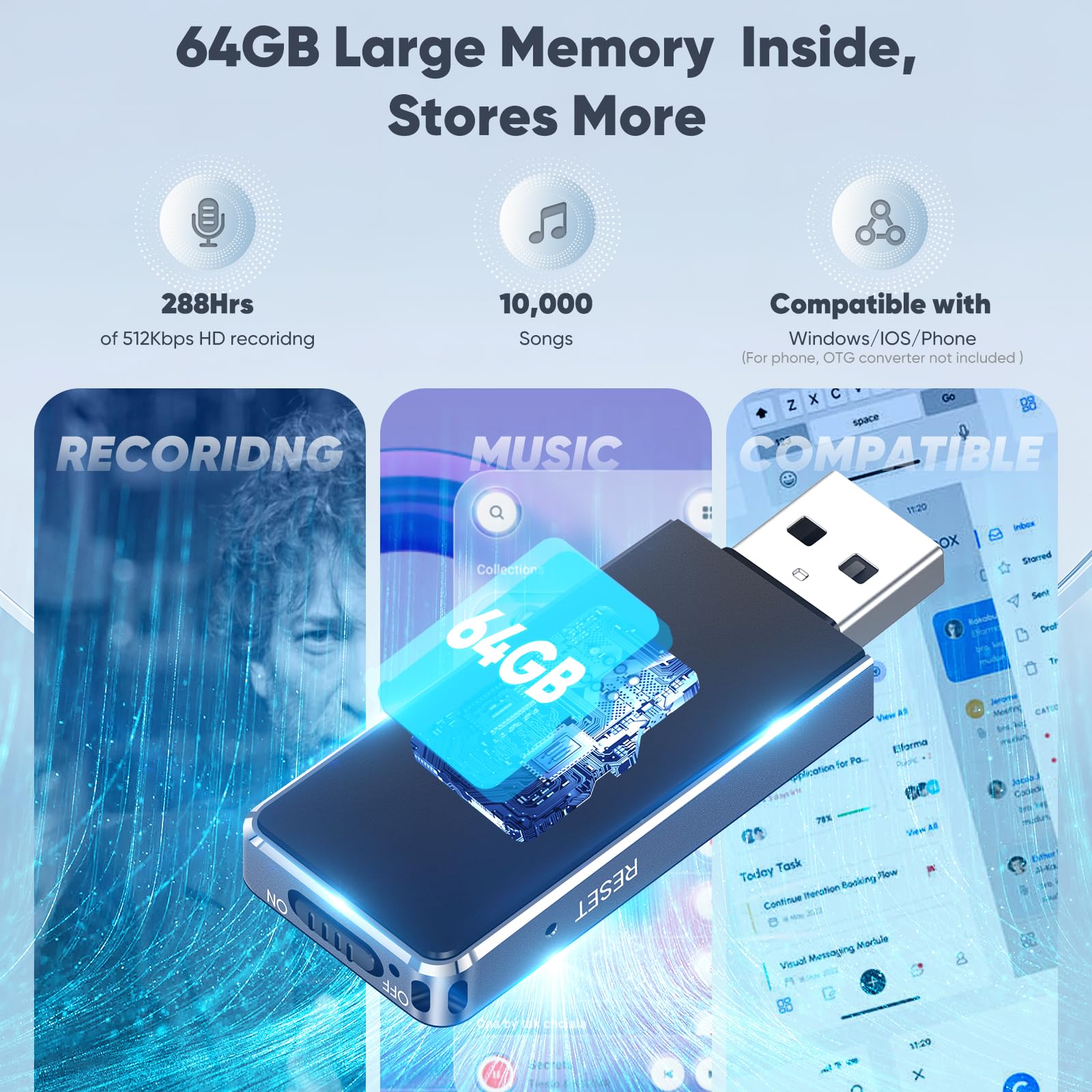 64Gb Digital Voice Recorder For Lectures Meetings - Evida Intelligent Voice Activated Recorder 512Kbps 288Hrs Usb Recording Devi