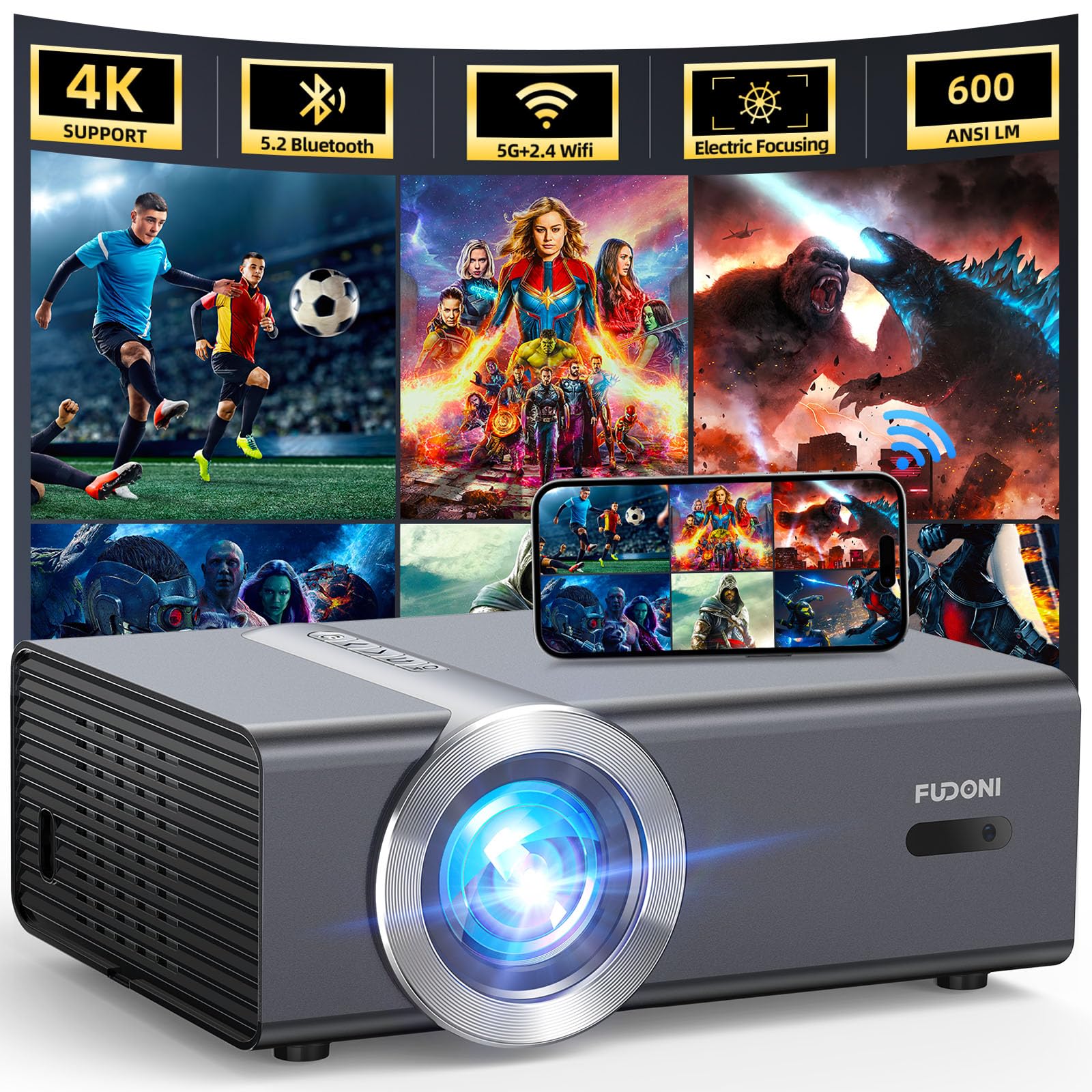 [Electric Focus/Auto Keystone] Projector With Wifi And Bluetooth, Native 1080P 20000L 4K Supported, Fudoni Outdoor Movie Project
