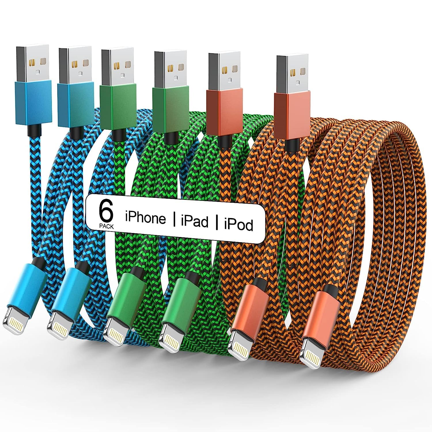 Apple Mfi Certified Iphone Charger 6Pack   3/3/6/6/10/10 Ft Lightning Cable Nylon Braided Usb To Fast Charging Sync Cord Compati