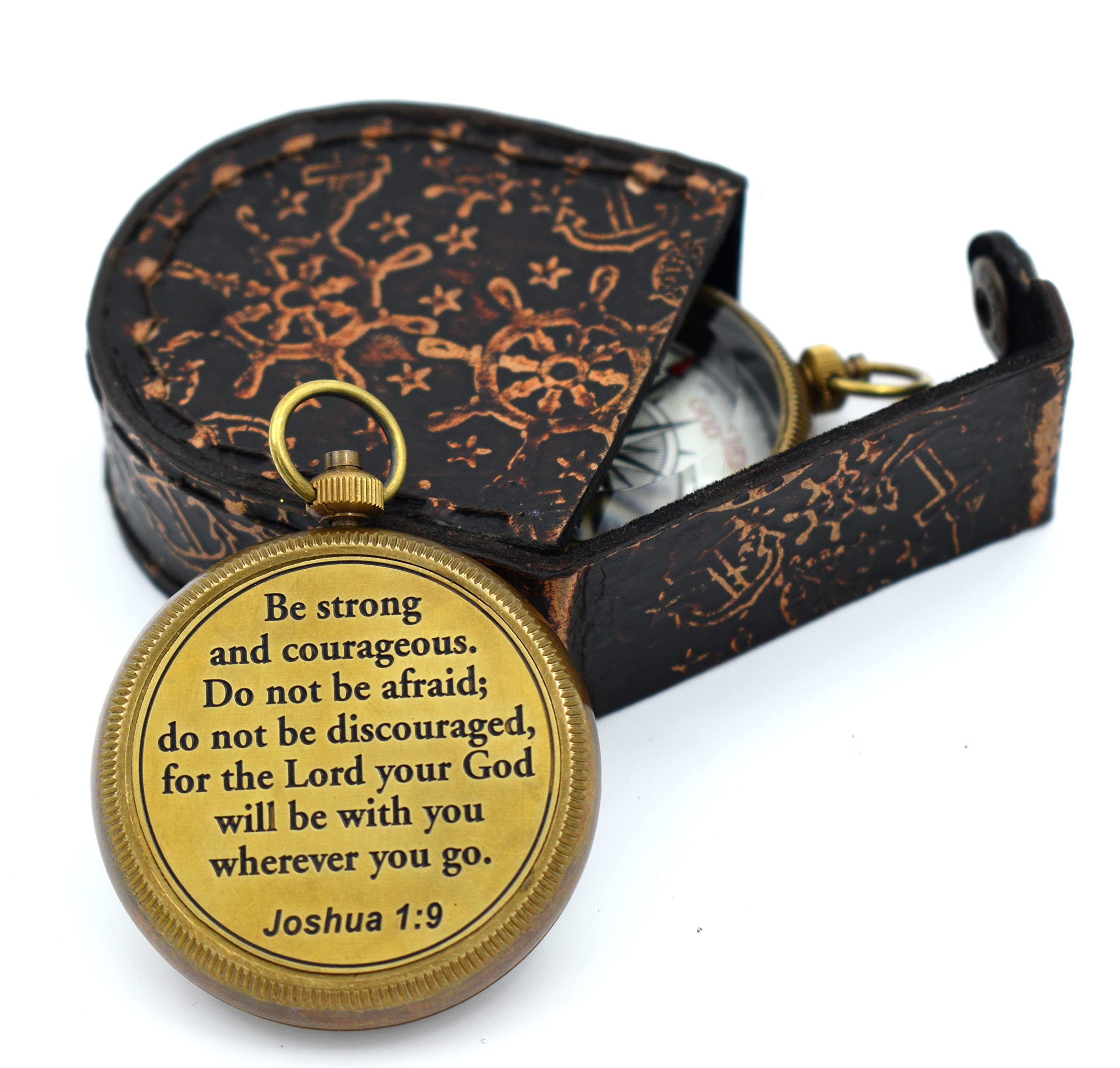 Be Strong and Courageous (Joshua 1:9) Brass Compass with wooden Box-Engraved Scripture Prayer Compass Religious Gift for Men & W