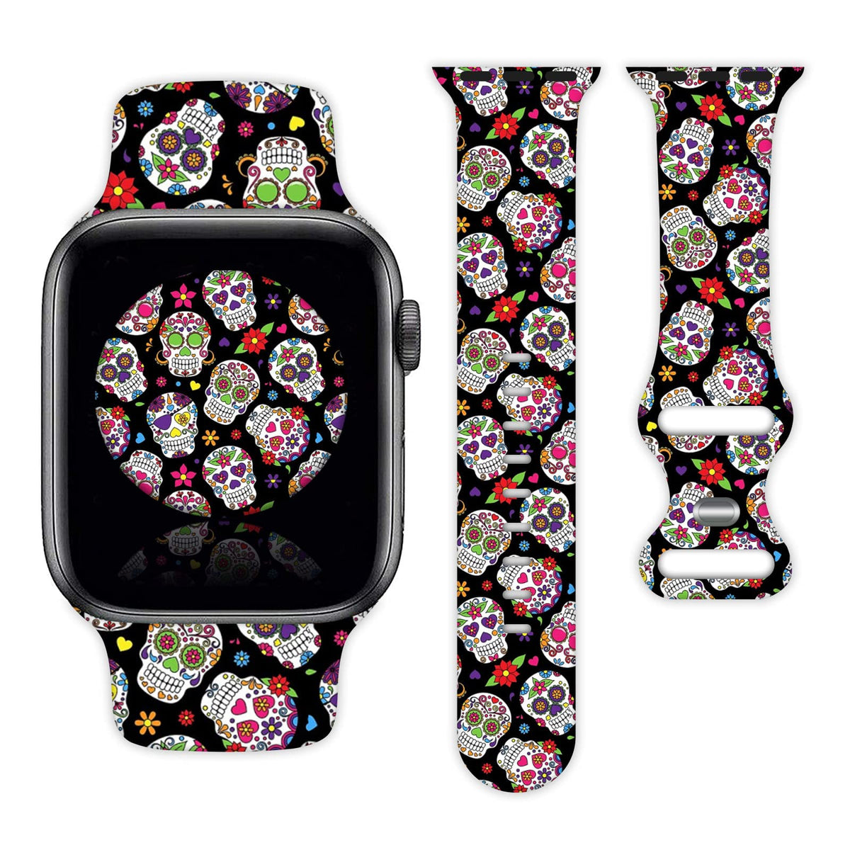 Halloween Day Of The Dead Sugar Skull Skeleton Watch Band Compatible With Apple Watch For Women Men Gifts Sport Silicone Wristba