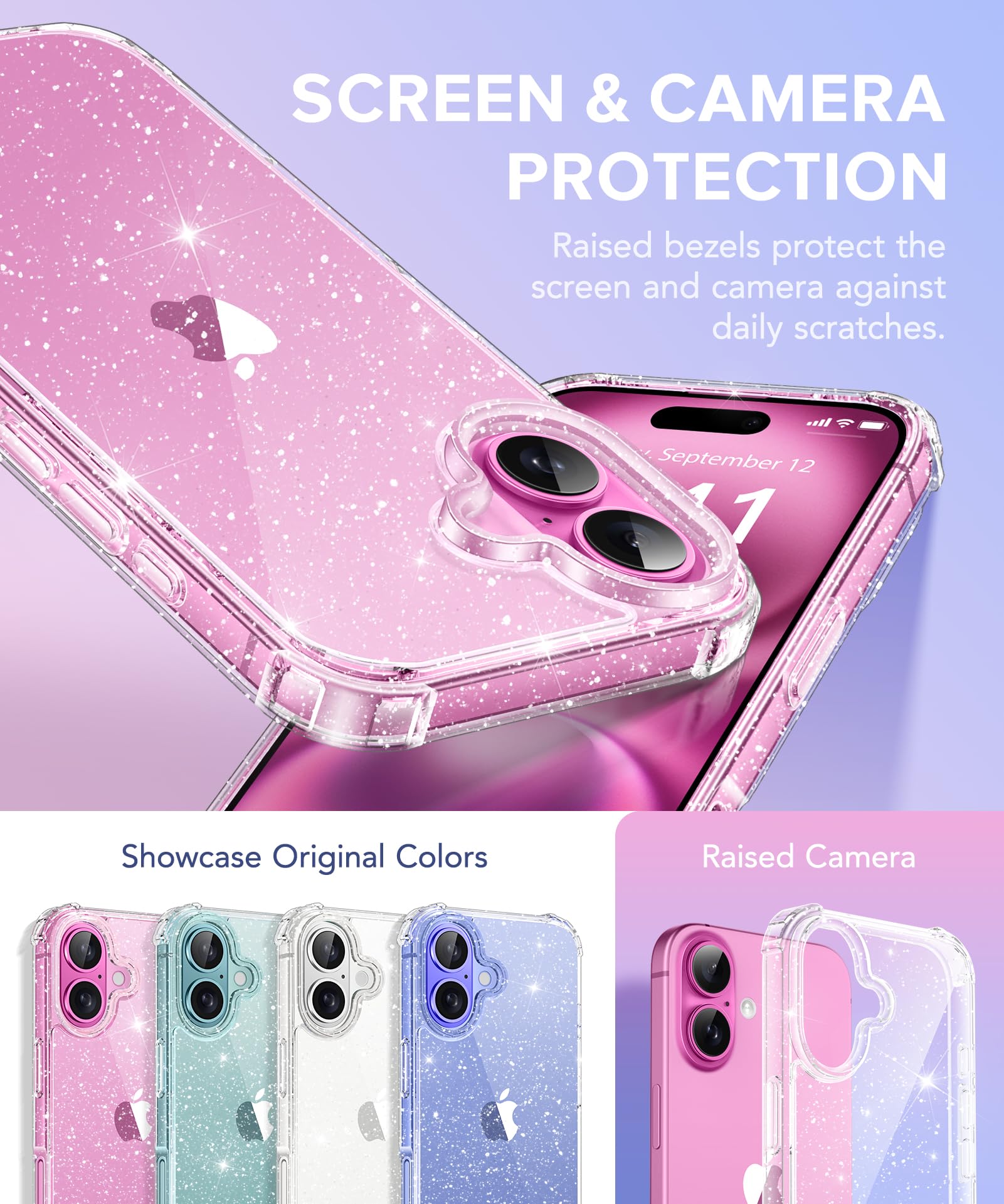 Berfy Compatible With Iphone 16 Case Glitter, [5 In 1] With 2X Screen Protector + 2X Camera Lens Protector, [Non Yellowing] Clea