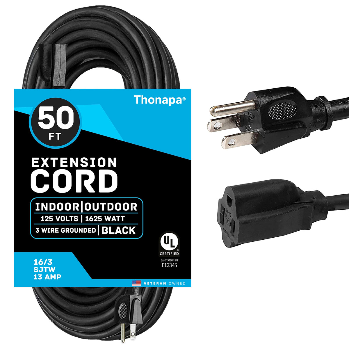 Thonapa Weatherproof Black Extension Cord 50 Ft, 16/3 Christmas Light Extension Cord Outdoor 50 Foot 3 Prong, 16/3 Sjtw 13 Amp O