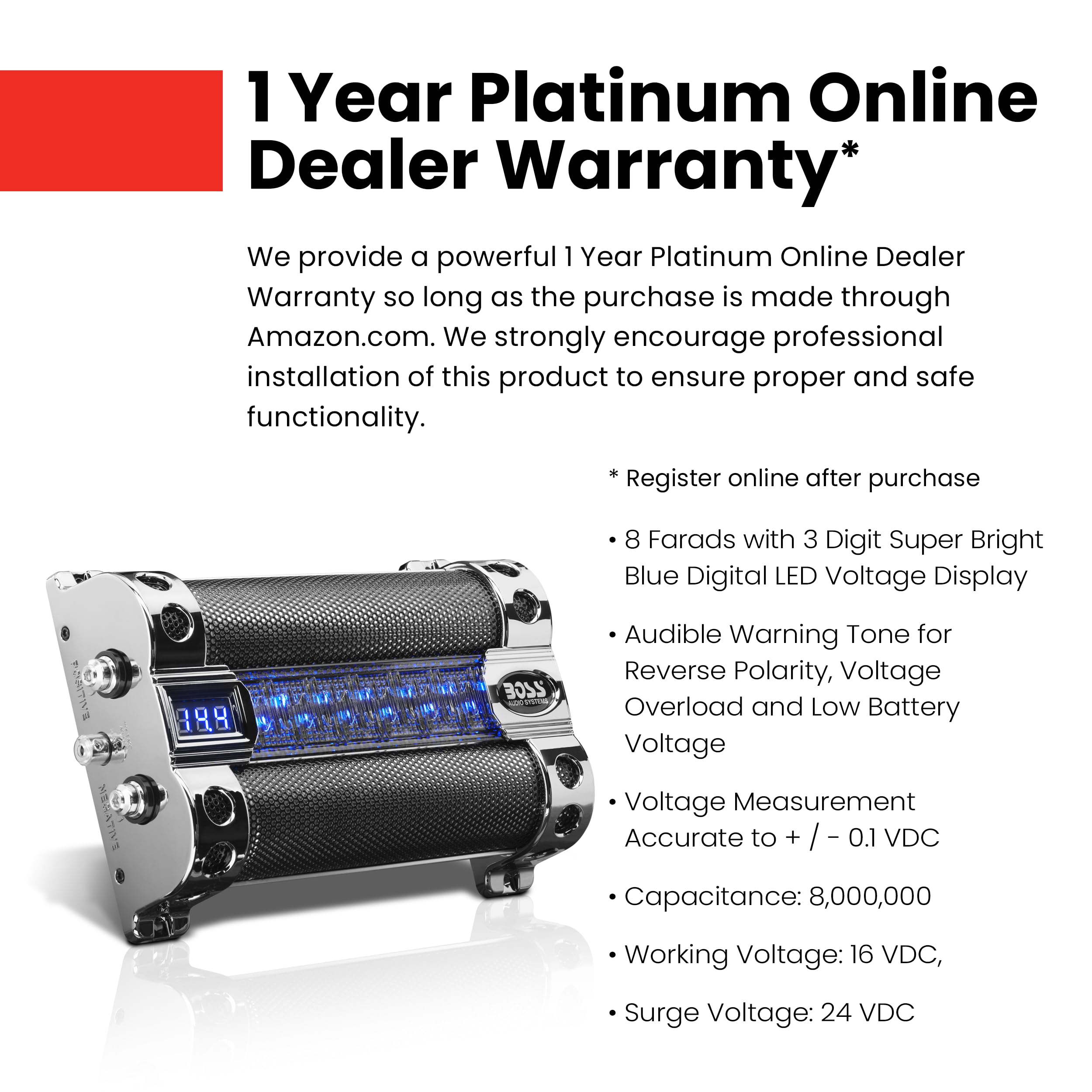 Boss Audio Systems Cap8 Car Capacitor   8 Farad, Energy Storage, Enhanced Bass From Stereo, Warning Reverse Polarity Tone, Volta