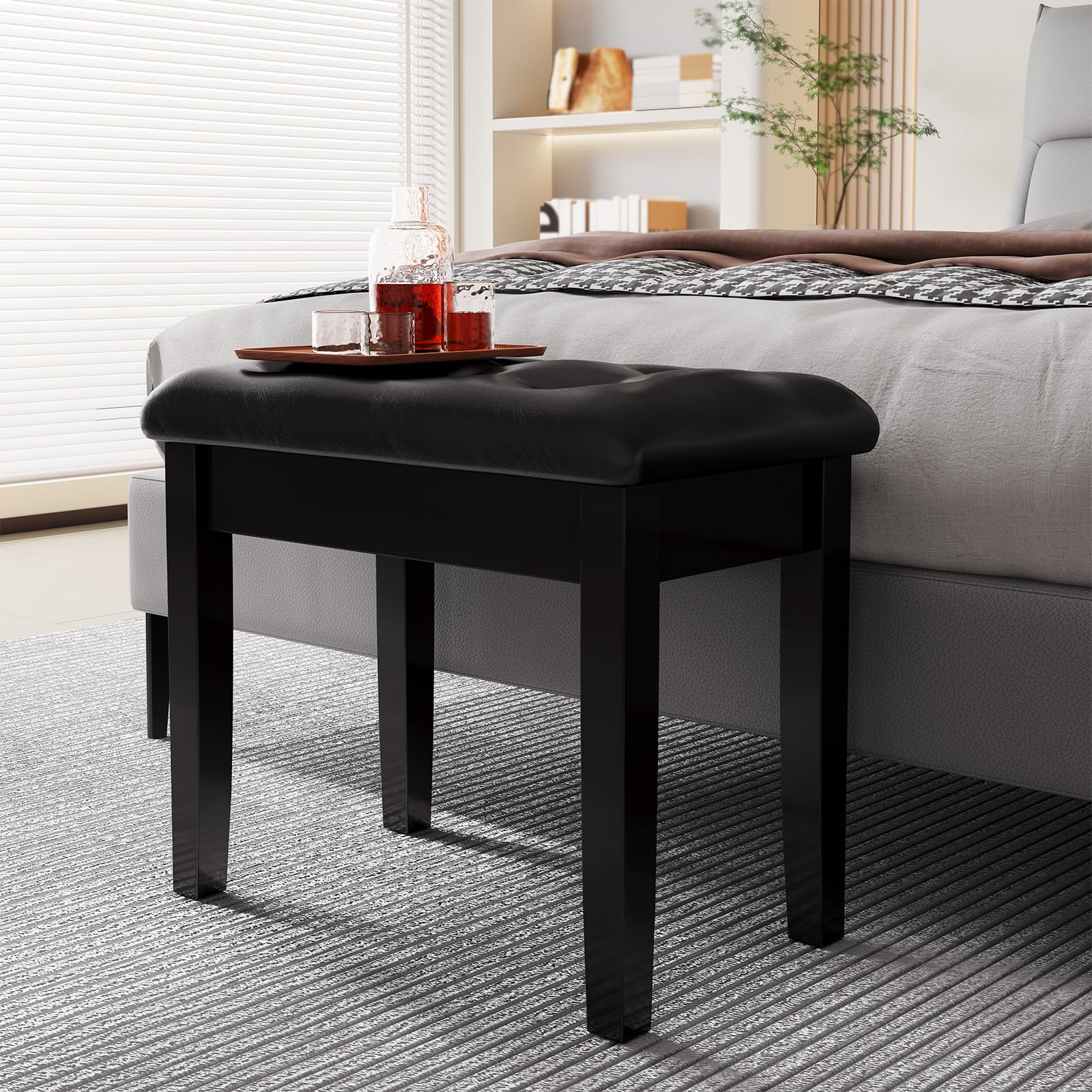 Liferun Black Wooden Duet Piano Bench With Padded Faux Leather Cushion Seat, Piano Stool With Storage Compartment, 21.7 X 13.8 X