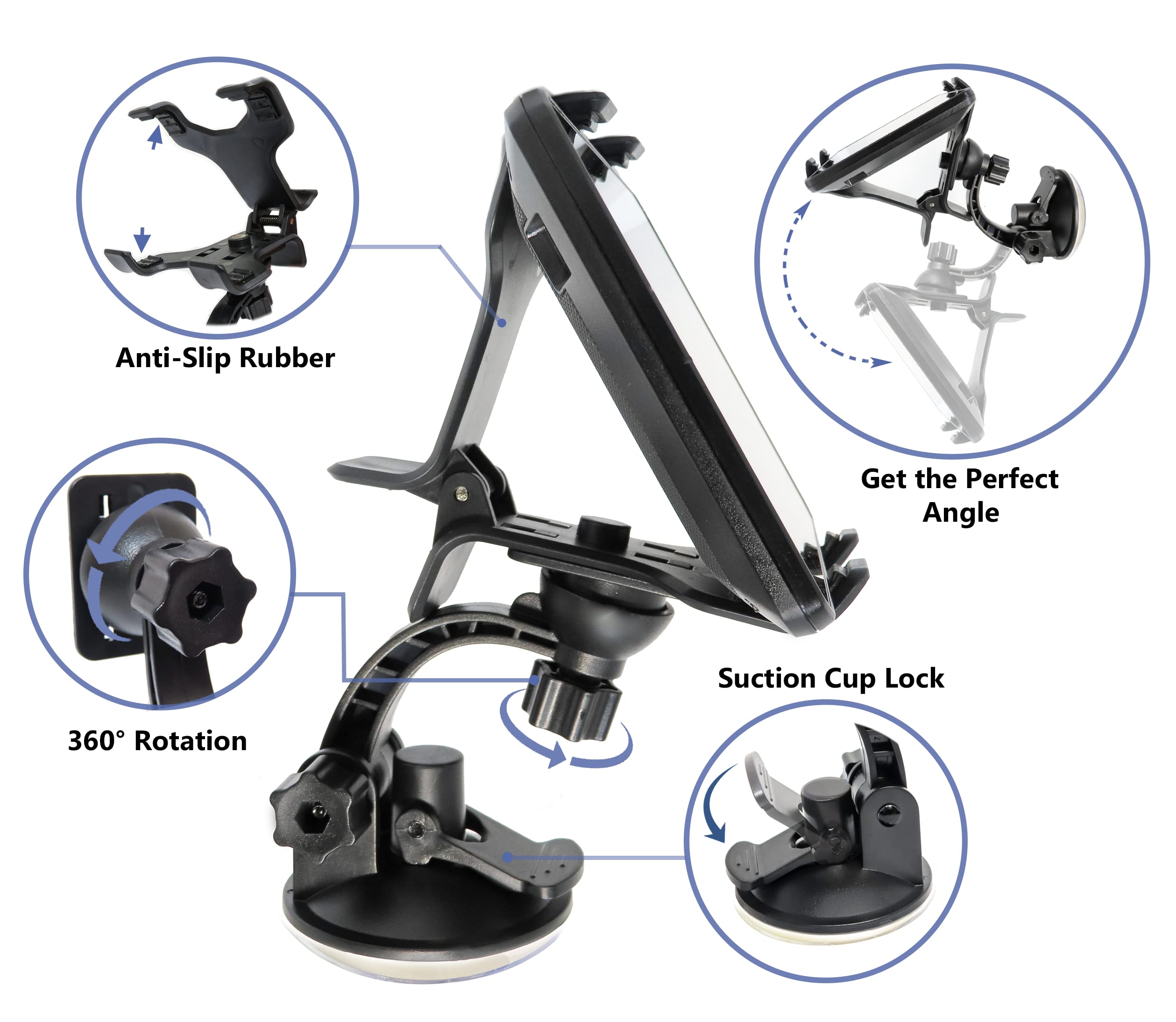 Ramtech Universal Car Gps Windshield Dual Clip Mount, Suction Cup Holder With 360 Rotating Bracket, Compatible With Rand Mcnally