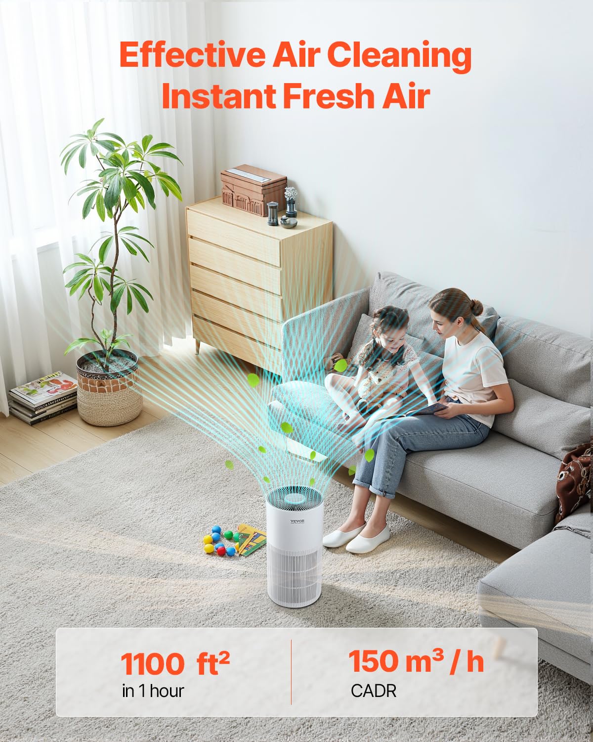 Vevor Air Purifier For Bedroom Home, H11 Hepa Layer, 1100 Ft/H Smart Air Purifier With Speed Control & Child Lock Guard, Efficie