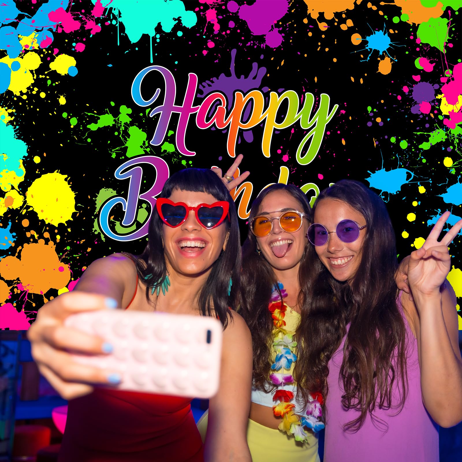 Avezano Glow Neon Birthday Backdrops Glow In The Dark Happy Birthday Party Background Decorations Colorful Graffiti Splash Paint