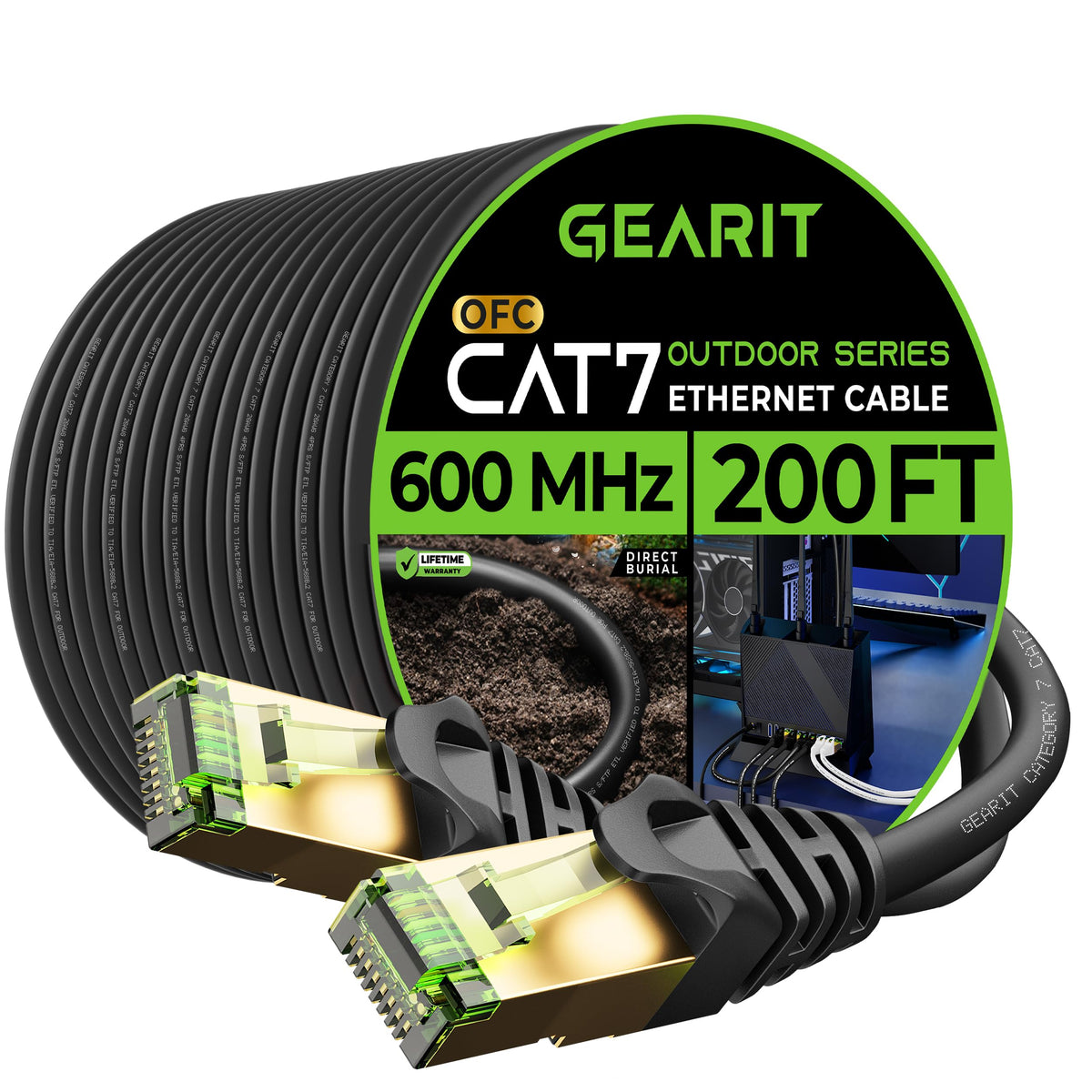 Gearit Cat7 Outdoor Ethernet Cable (200Ft) Sftp Shielded Foil Twisted Pair, Pure Copper, Lldpe, Waterproof, Direct Burial, In Gr
