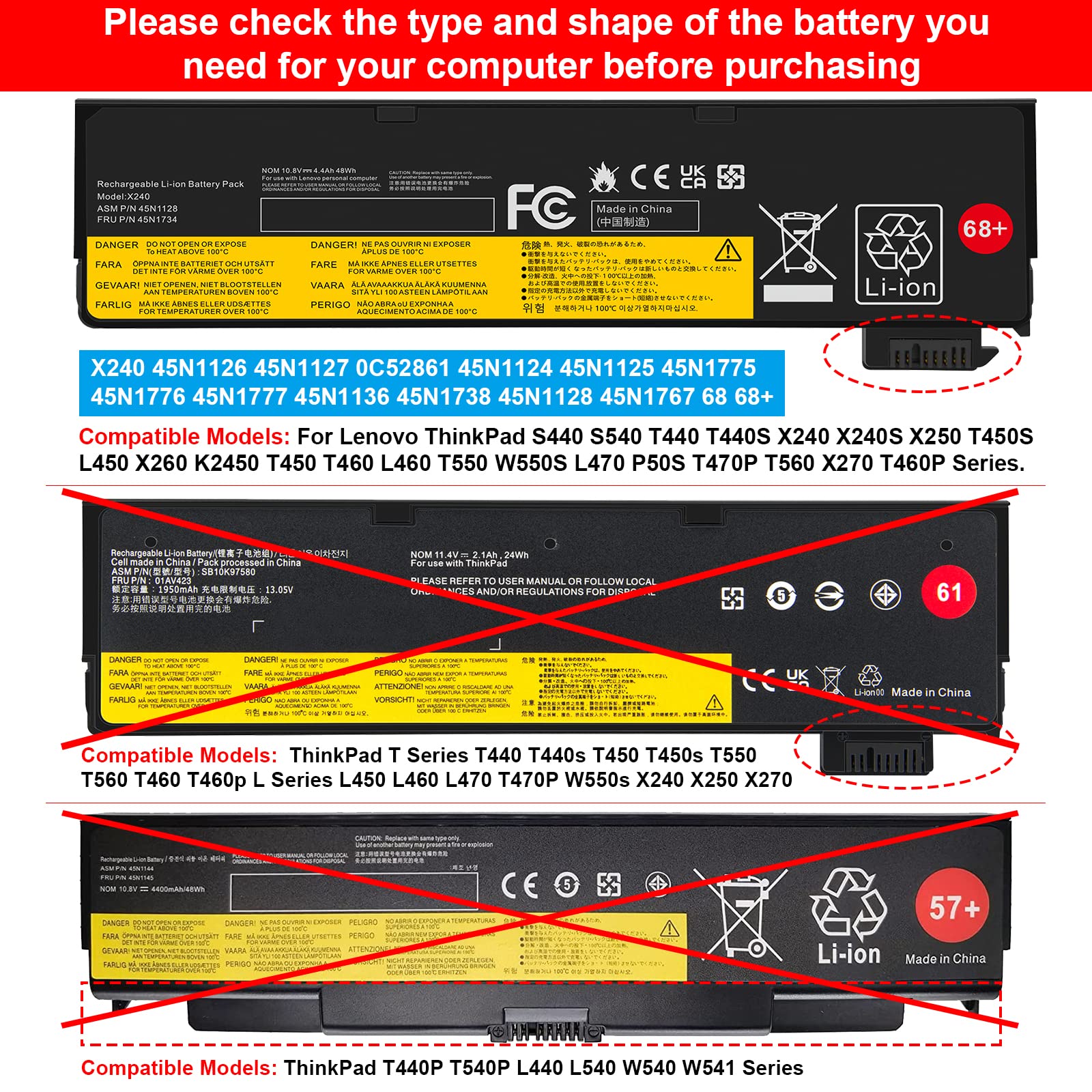 68+ 45N1128 X240 Battery Compatible With Thinkpad T440 T440S T450 T450S T460 T460P T470P T550 T560 L450 L460 L470 P50S W550S X25