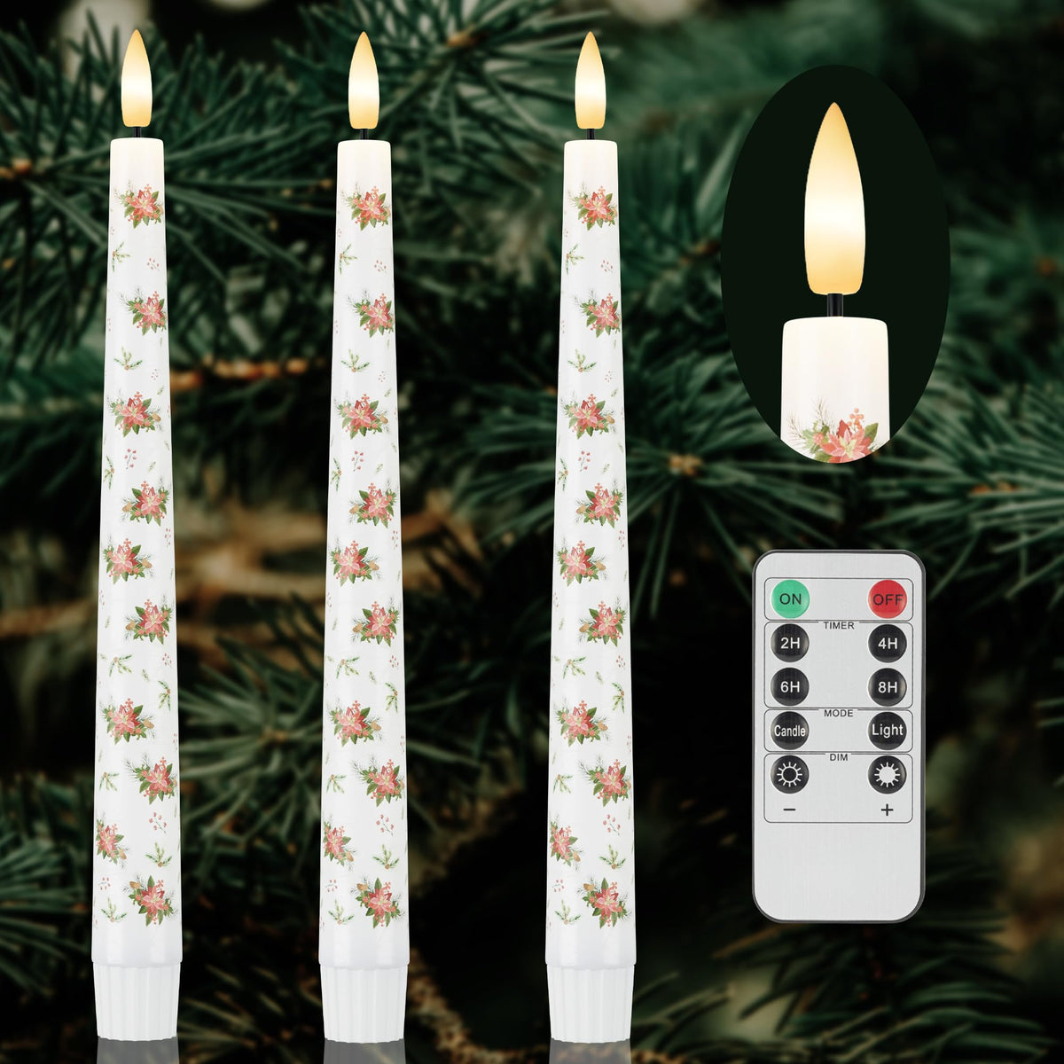 Afineth Christmas Flameless Taper Candles With Flowers, 9.6'''' Real Wax Led Candles With Remote, 3 Pcs Flickering Battery Opera