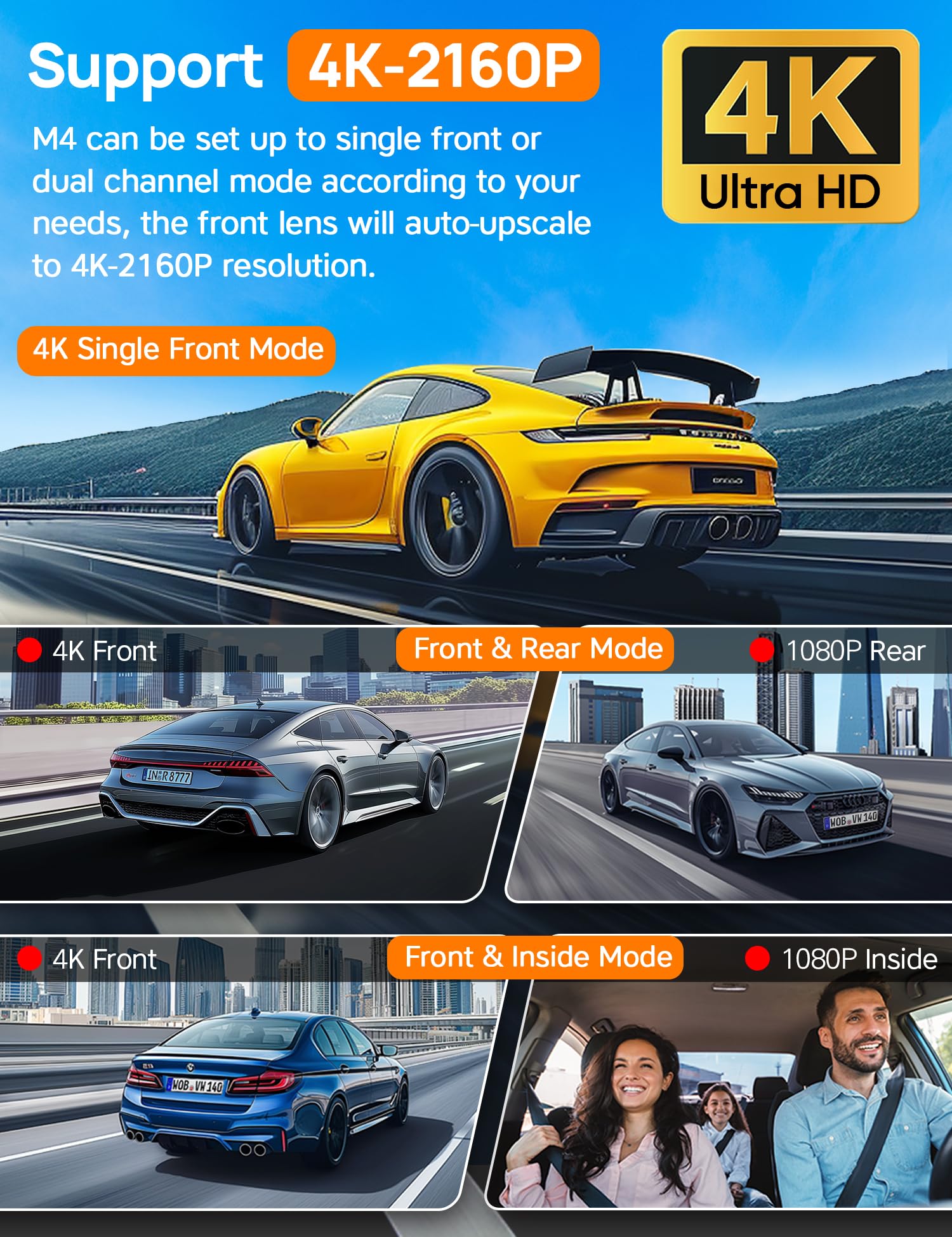 Icesky 3 Channel Wifi Dash Cam With 64Gb Card, 4K+1080P Dash Cam Front And Rear, 4K+1080P Front Inside Car Camera, 2.5K+1080P+10