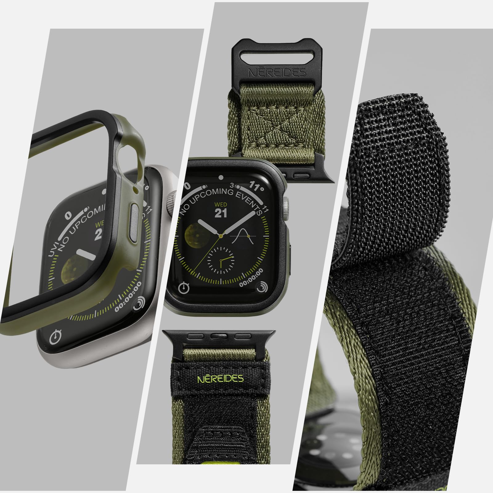 Rugged Case With Band For Apple Watch Series 9/8/7 Band 45Mm, Hook And Loop Nylon Sport Strap With Case For Iwatch Men(Army Gree